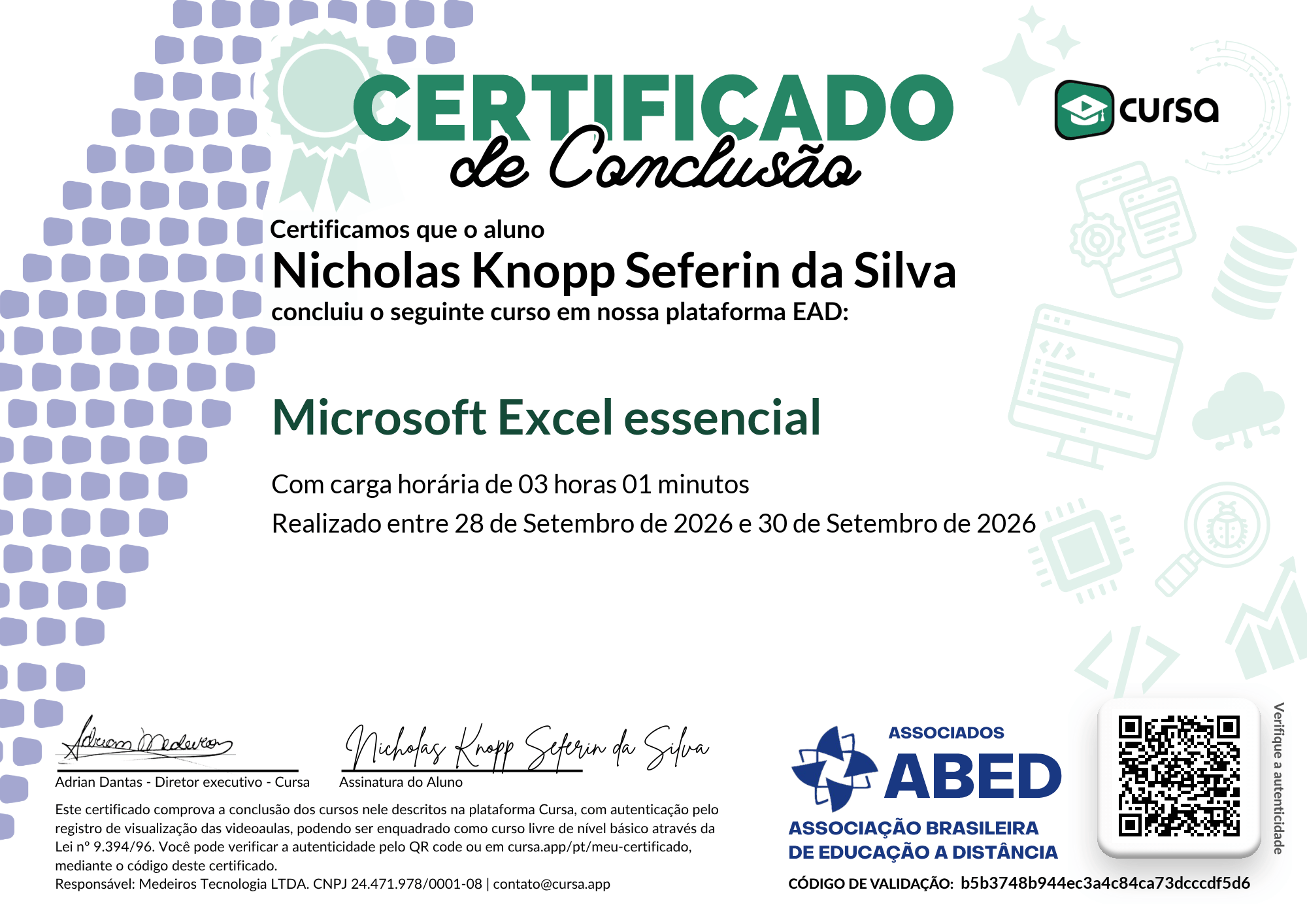 Imagem do meu Certificado gratuito de conclusão de curso.