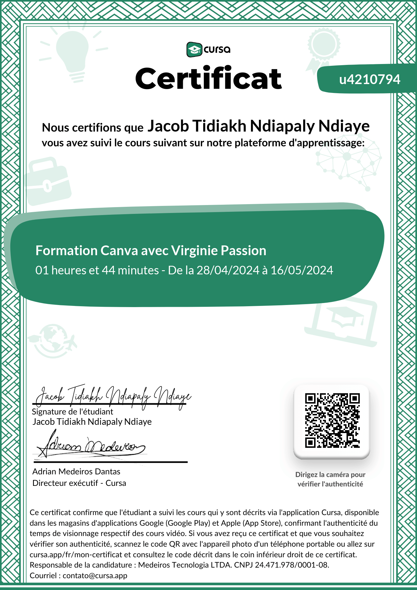 Image de mon certificat de fin de cours gratuit.