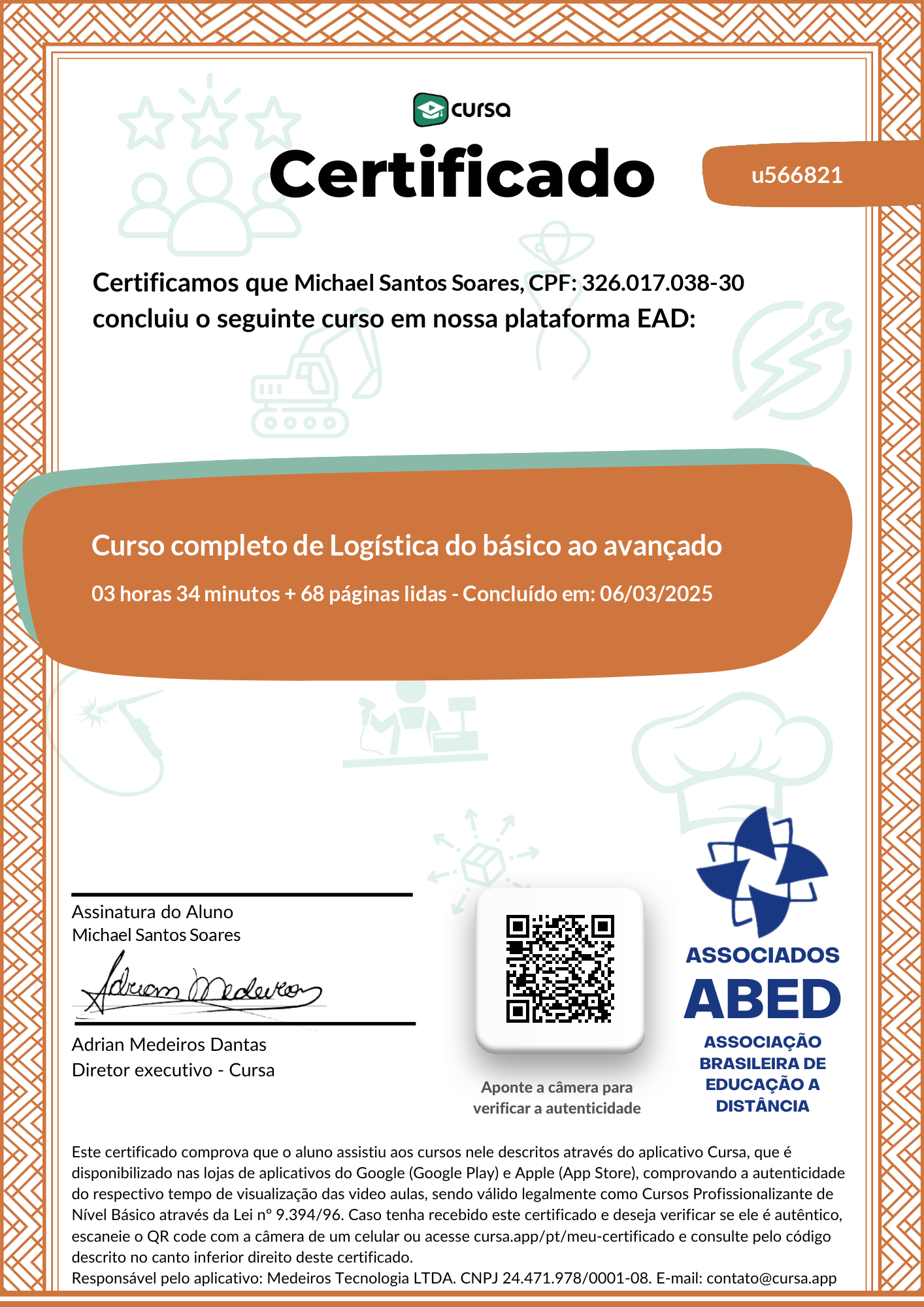 Imagem do meu Certificado gratuito de conclusão de curso.