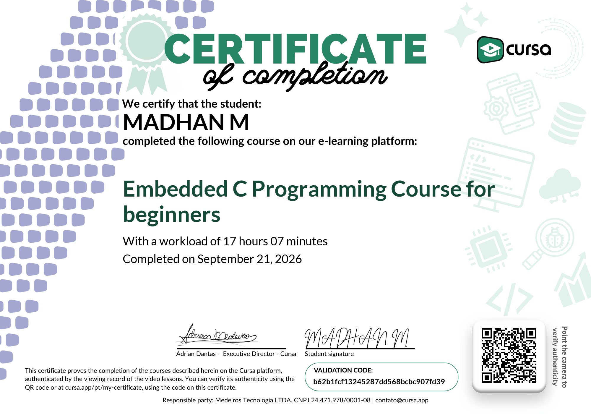 Image of my free Course Completion Certificate.