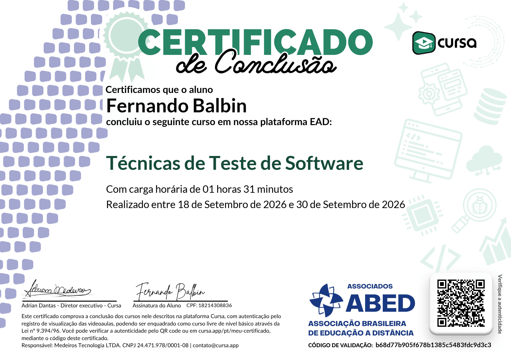Imagem do meu Certificado gratuito de conclusão de curso.