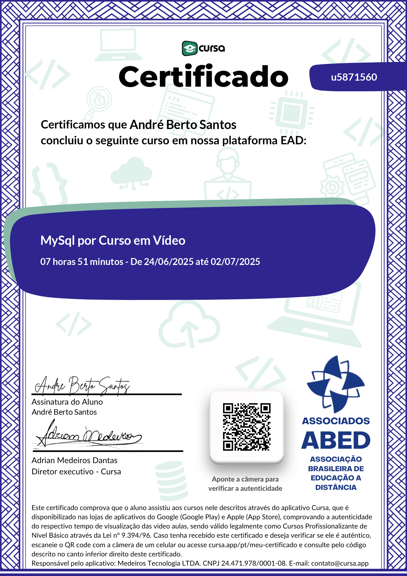 Imagem do meu Certificado gratuito de conclusão de curso.