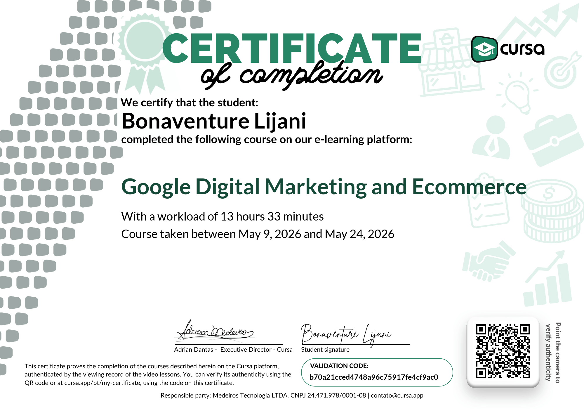 Image of my free Course Completion Certificate.