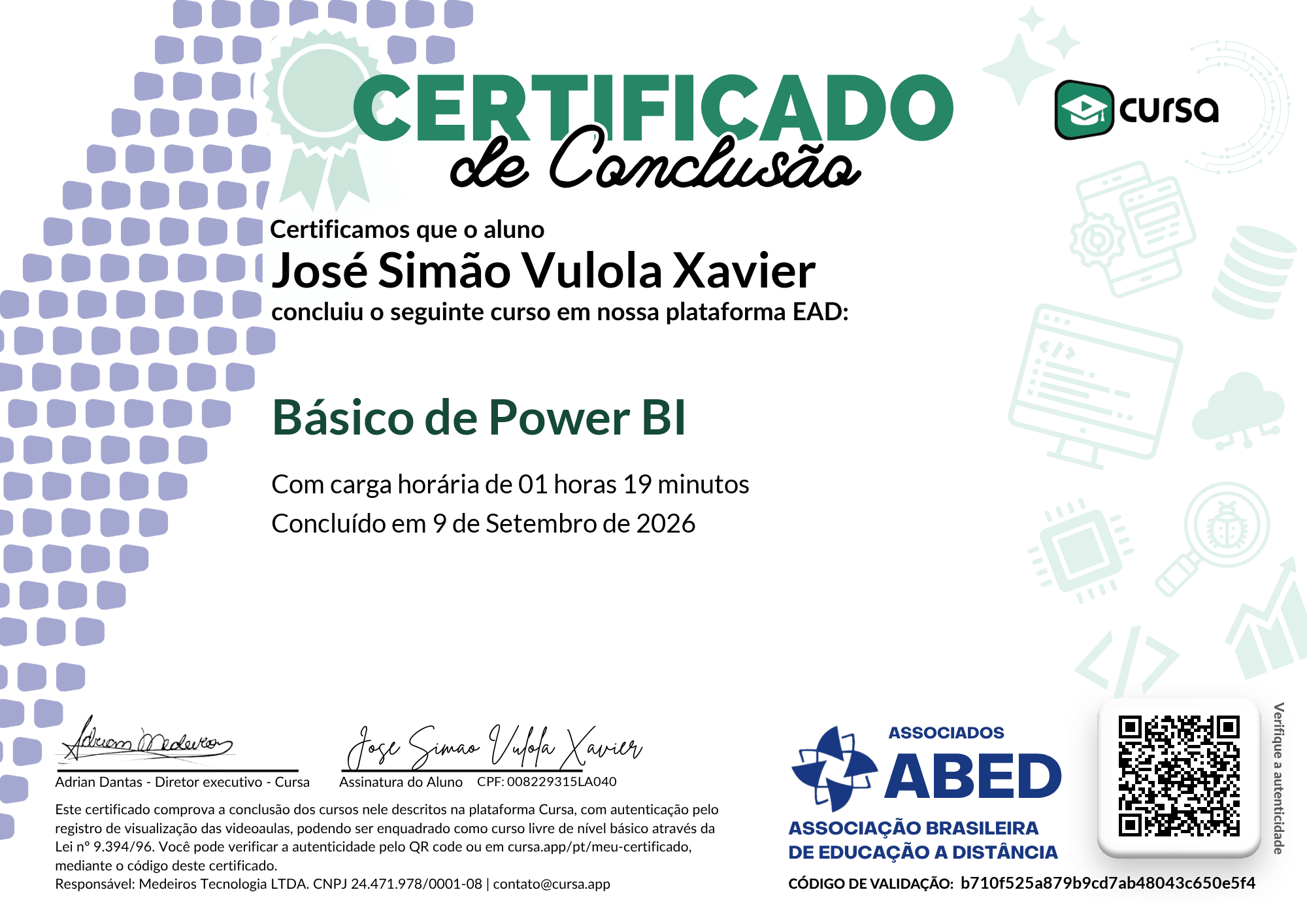 Imagem do meu Certificado gratuito de conclusão de curso.