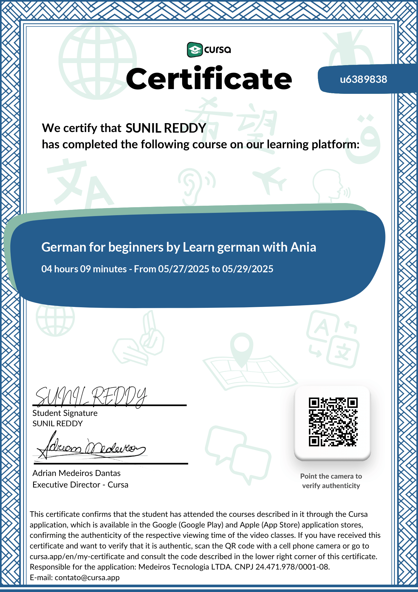 Image of my free Course Completion Certificate.