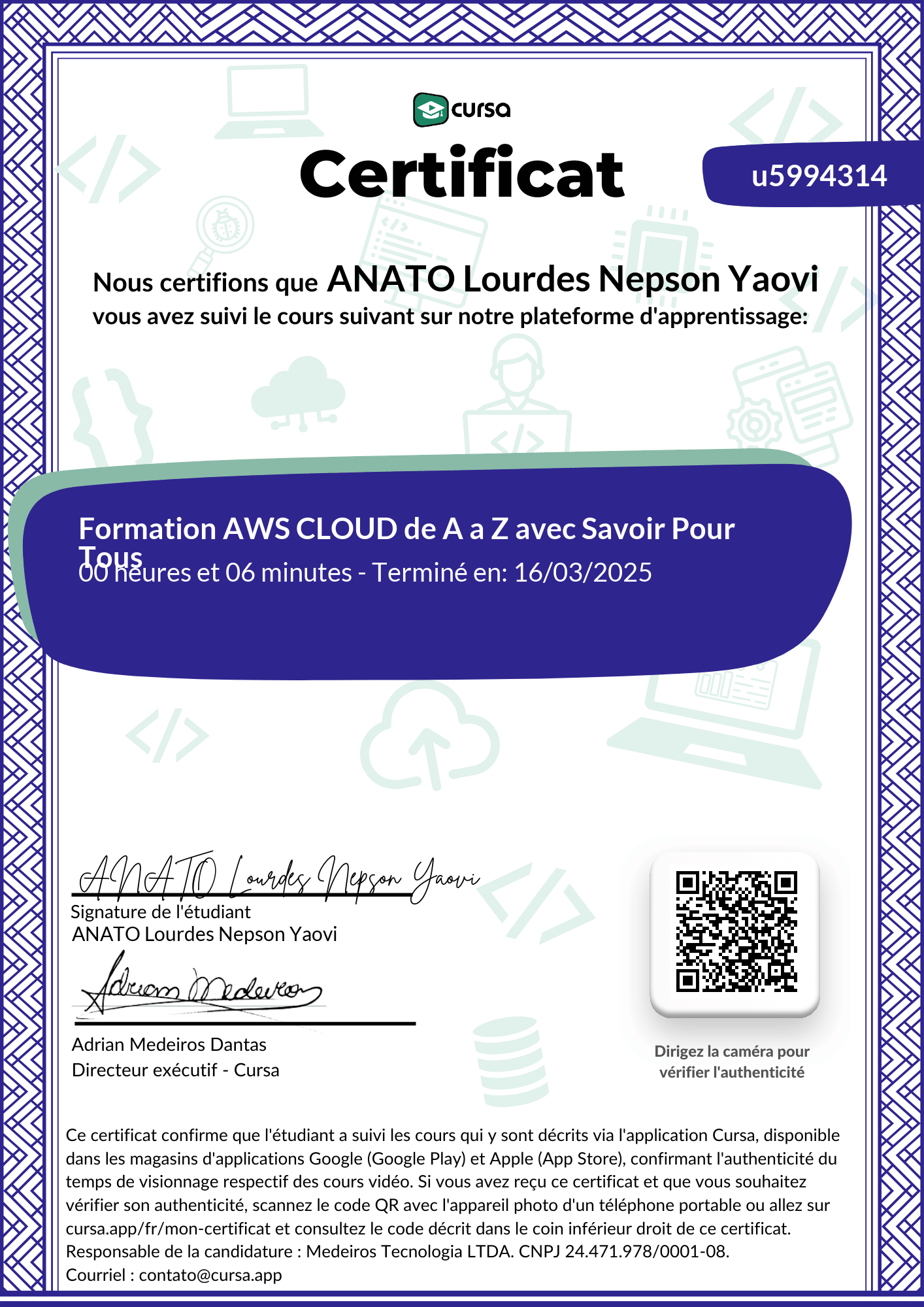 Image de mon certificat de fin de cours gratuit.