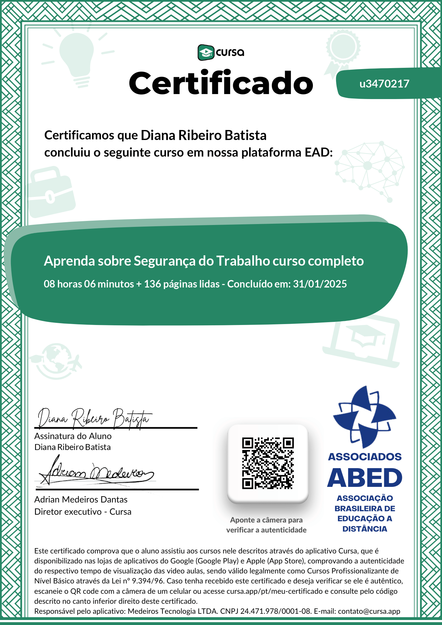 Imagem do meu Certificado gratuito de conclusão de curso.
