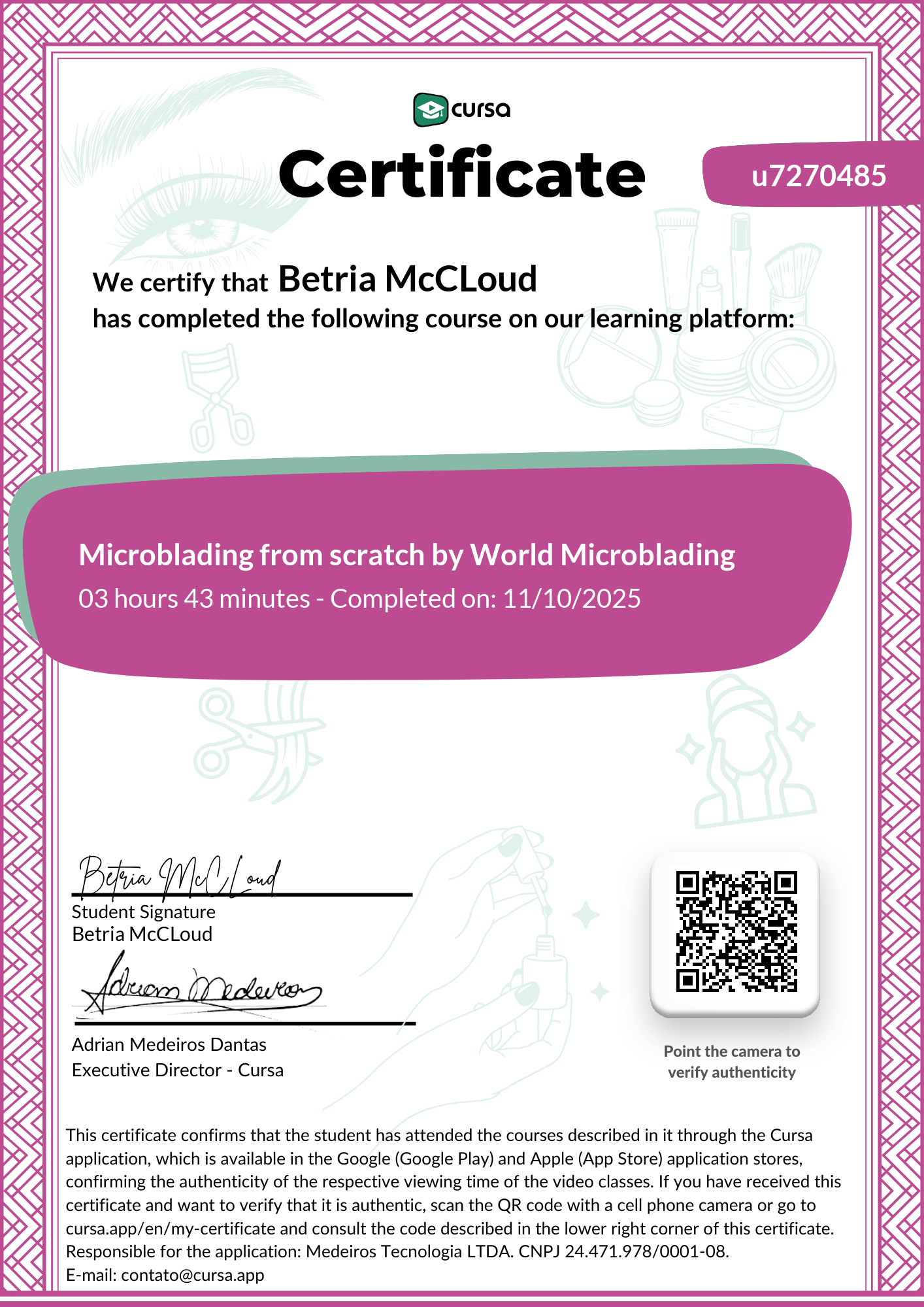 Image of my free Course Completion Certificate.