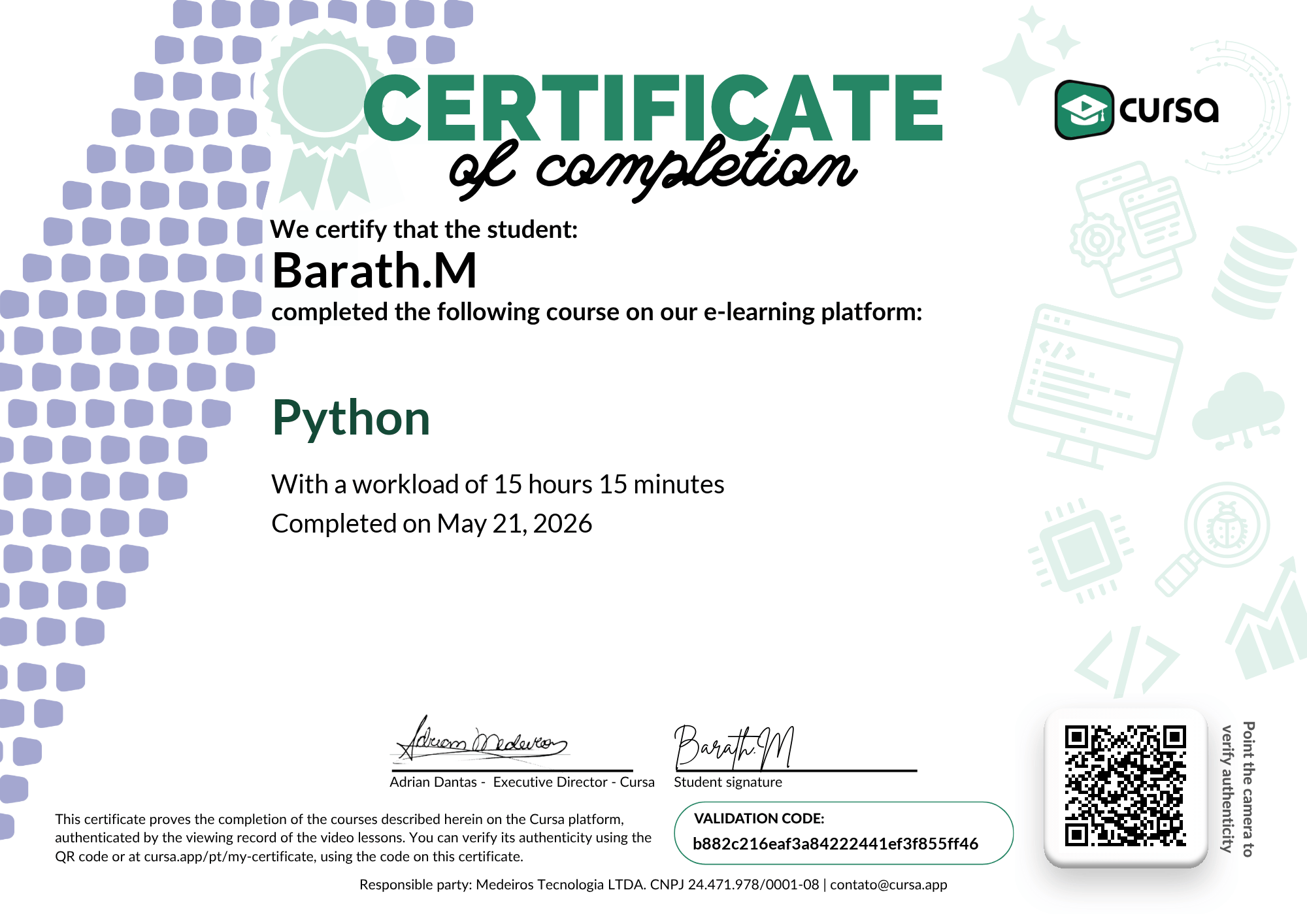 Image of my free Course Completion Certificate.