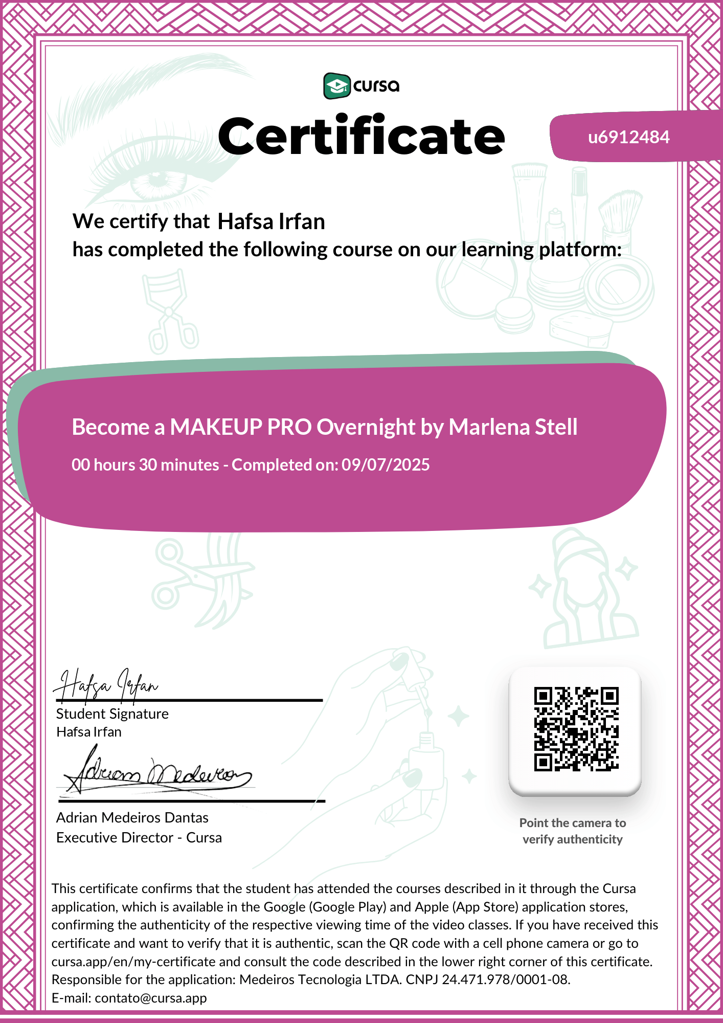 Image of my free Course Completion Certificate.