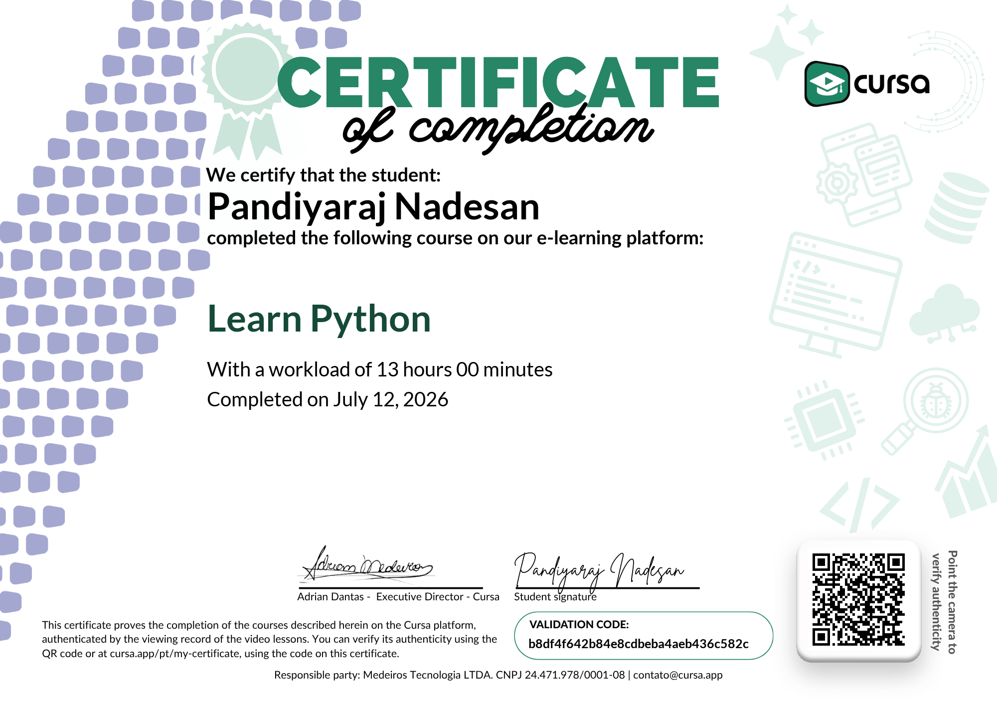 Image of my free Course Completion Certificate.
