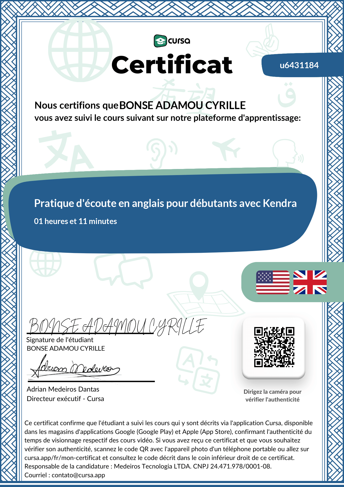 Image de mon certificat de fin de cours gratuit.
