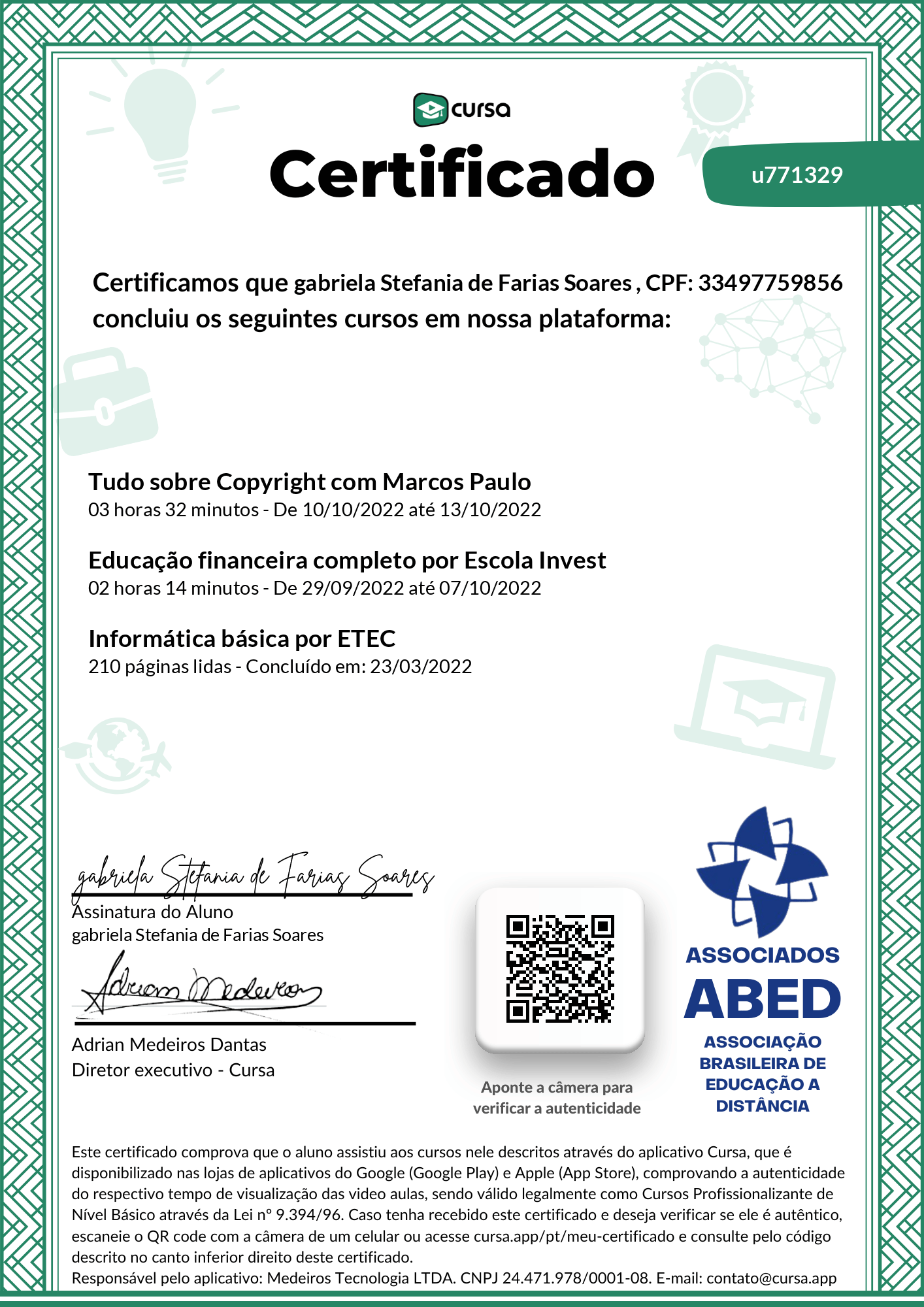Imagem do meu Certificado gratuito de conclusão de curso.