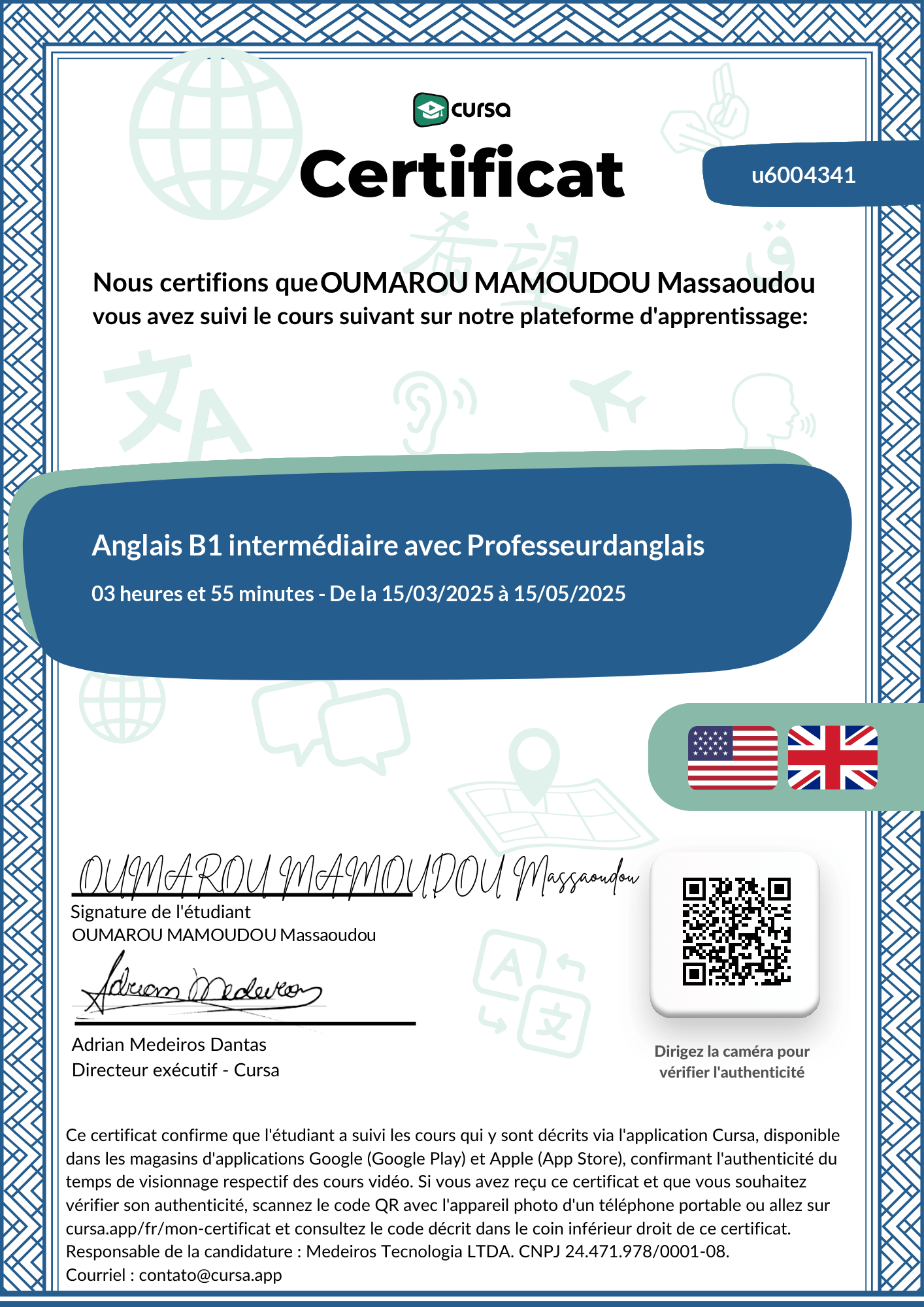 Image de mon certificat de fin de cours gratuit.