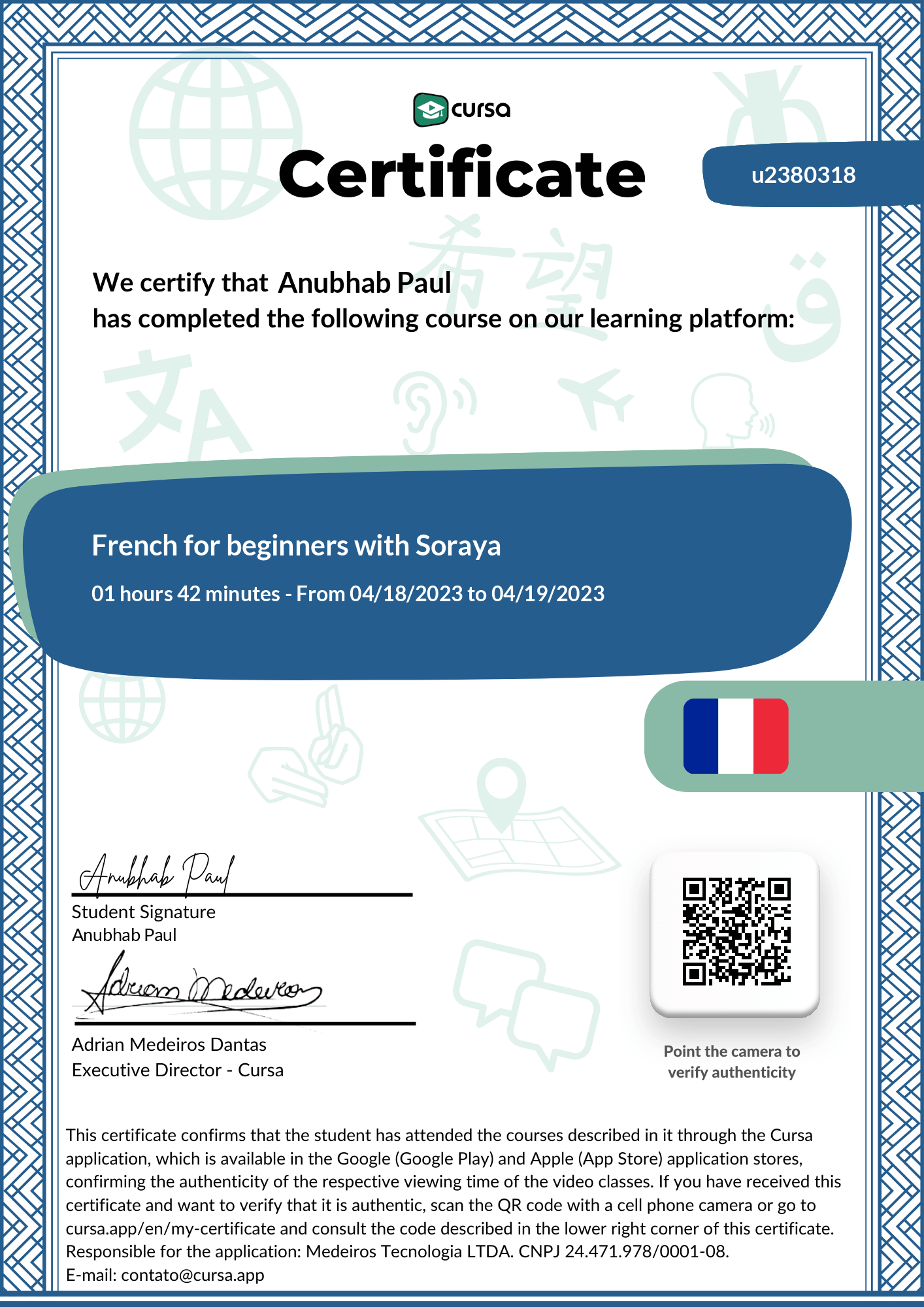 Image of my free Course Completion Certificate.