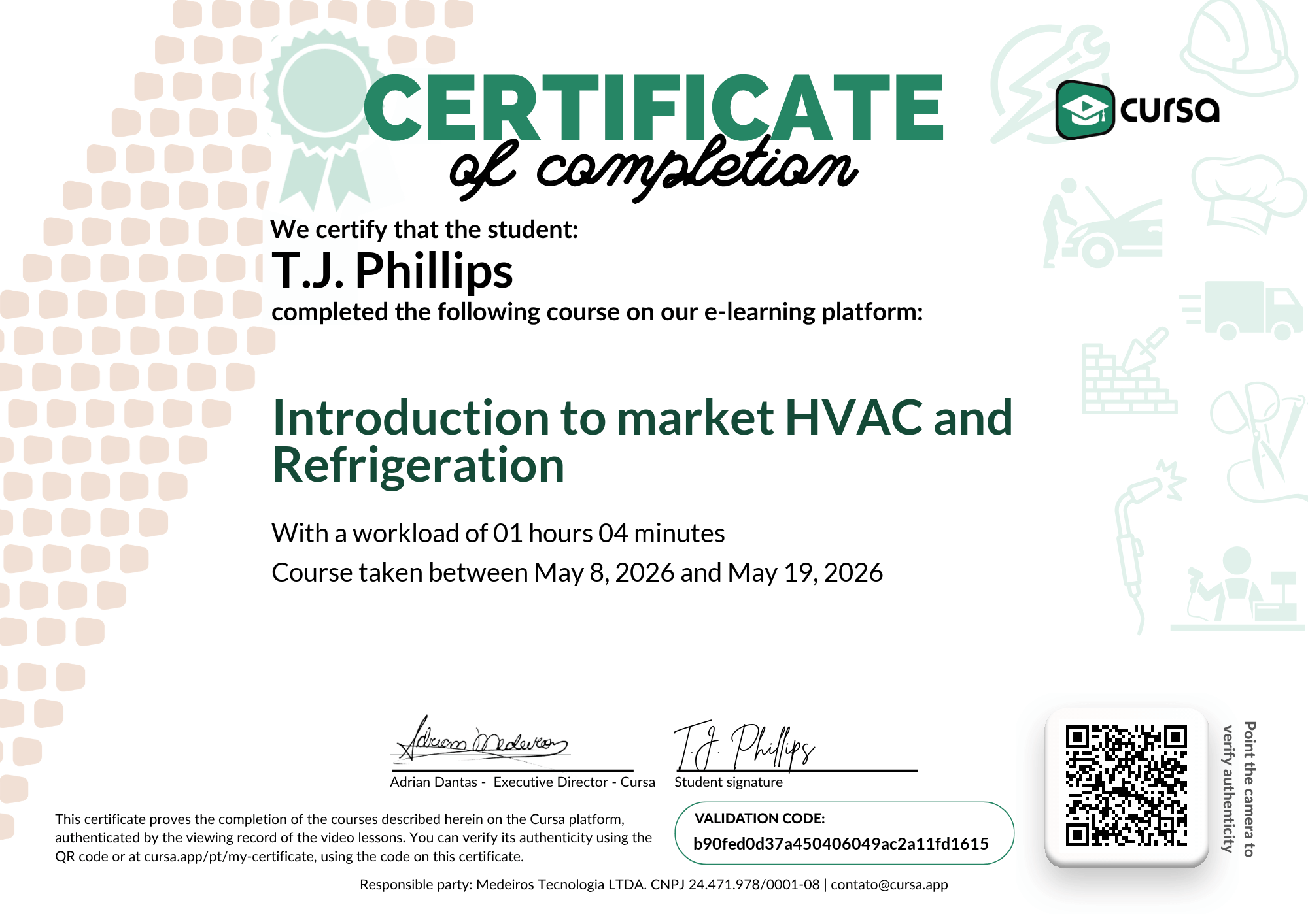 Image of my free Course Completion Certificate.