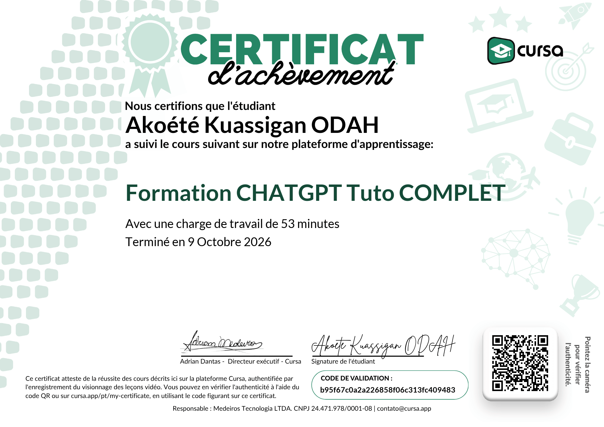 Image de mon certificat de fin de cours gratuit.