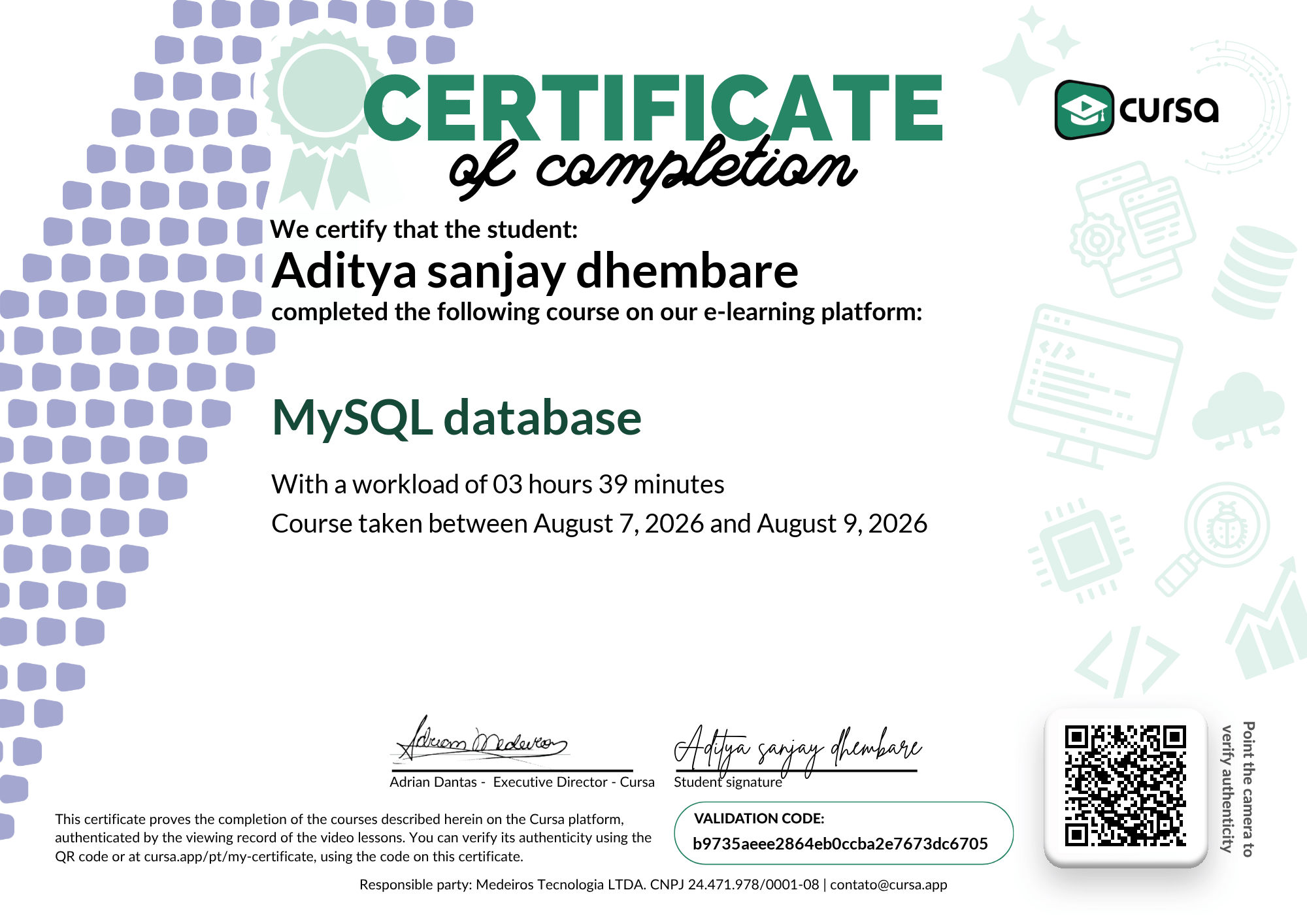 Image of my free Course Completion Certificate.