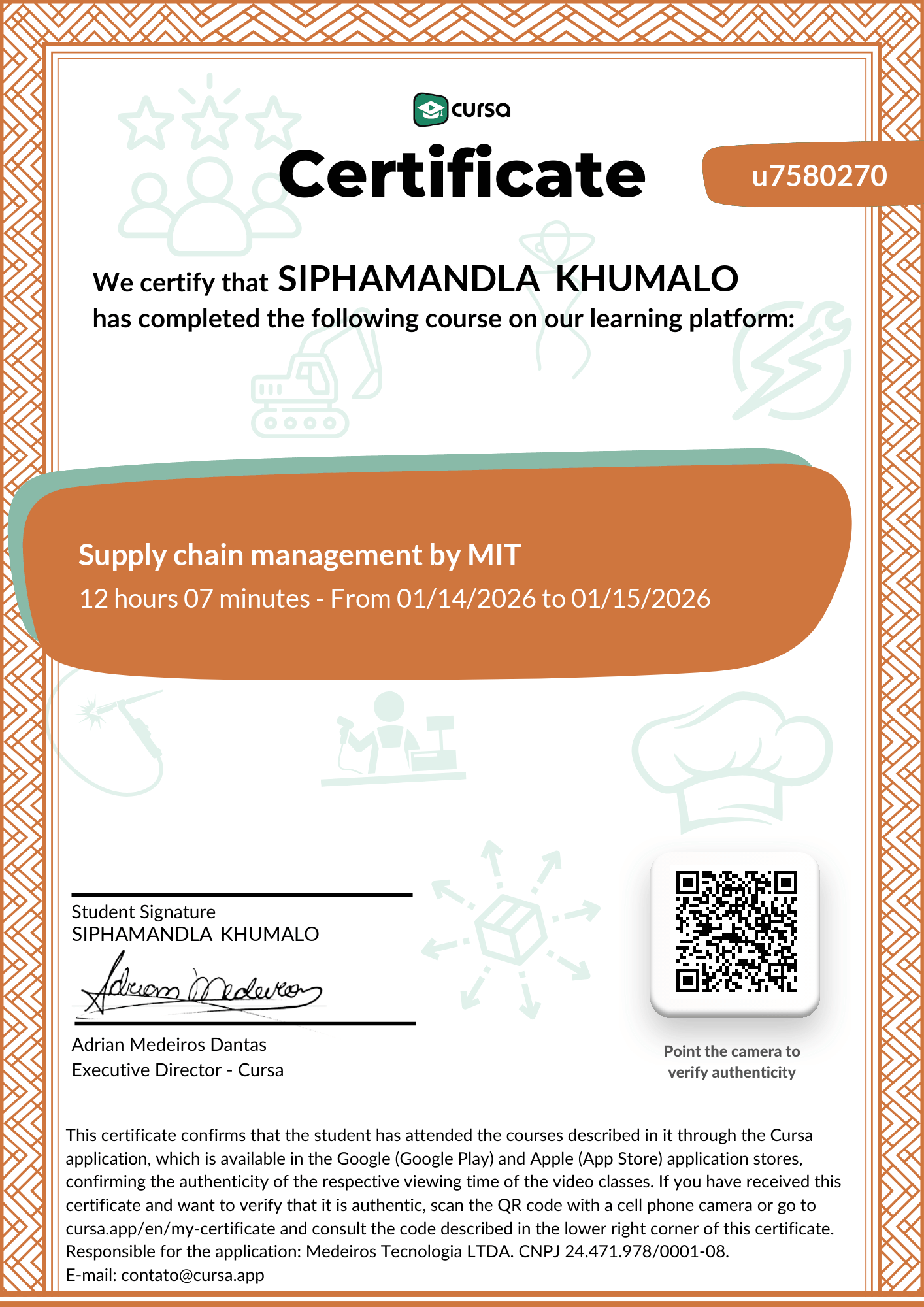 Image of my free Course Completion Certificate.