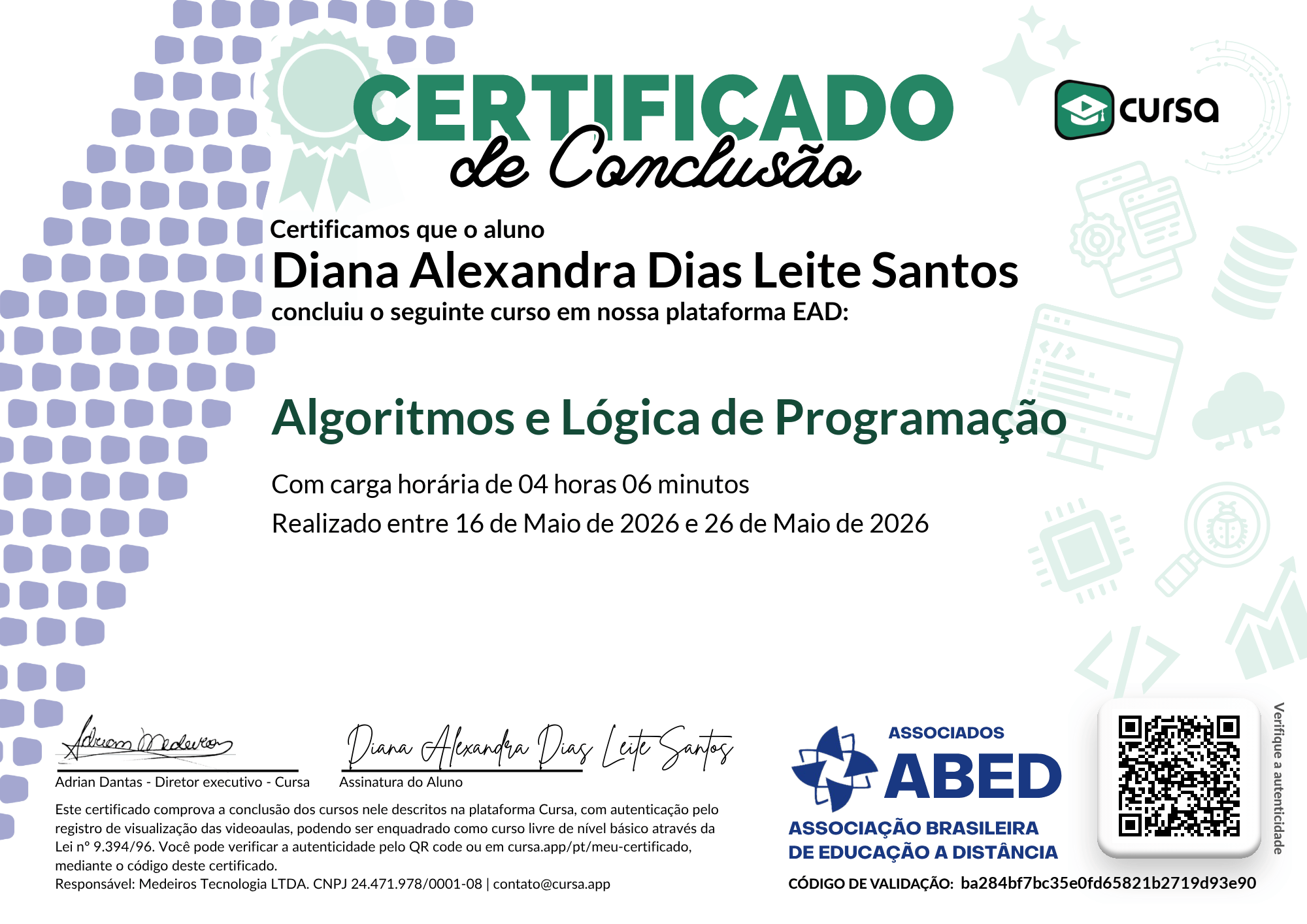 Imagem do meu Certificado gratuito de conclusão de curso.