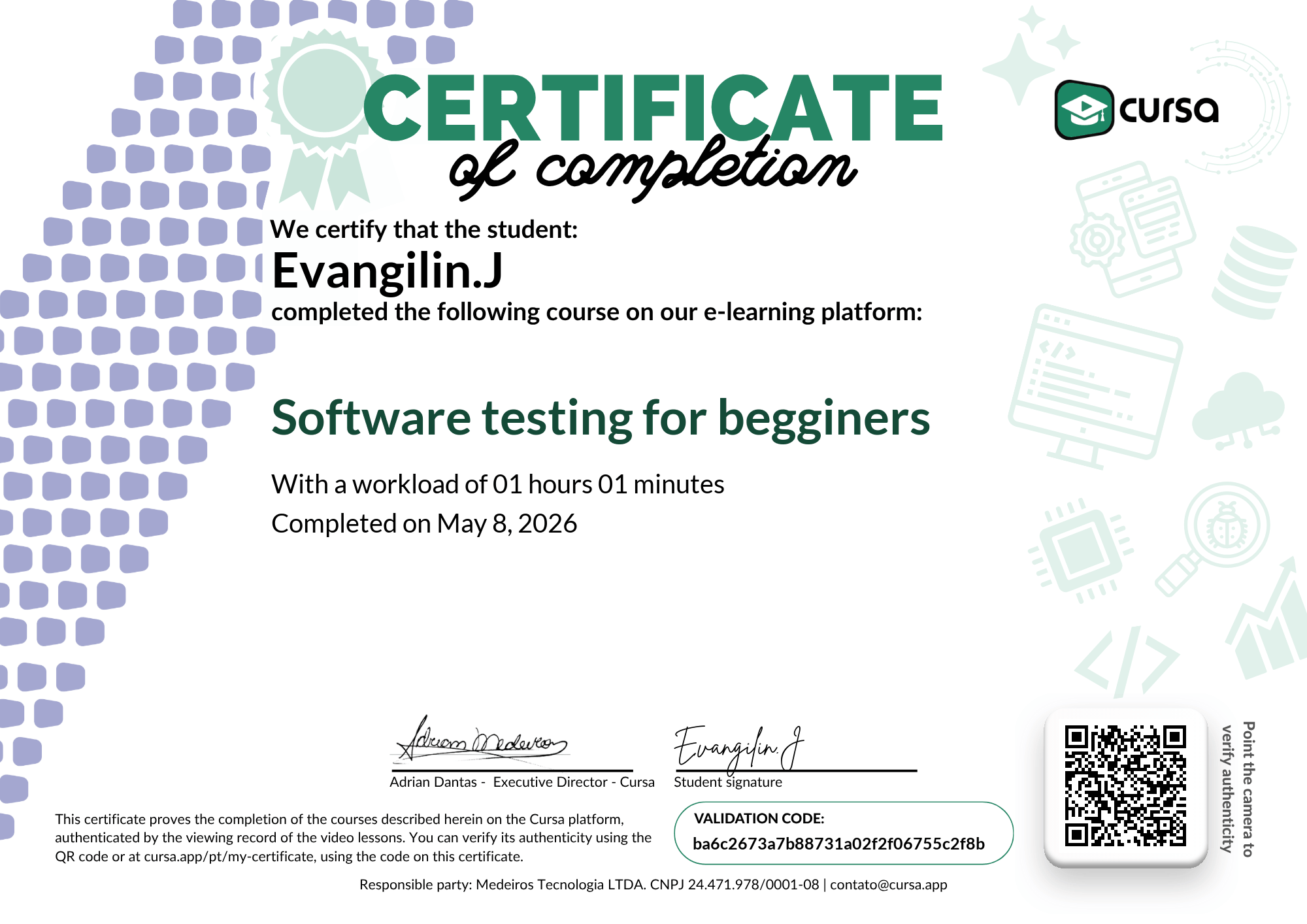 Image of my free Course Completion Certificate.