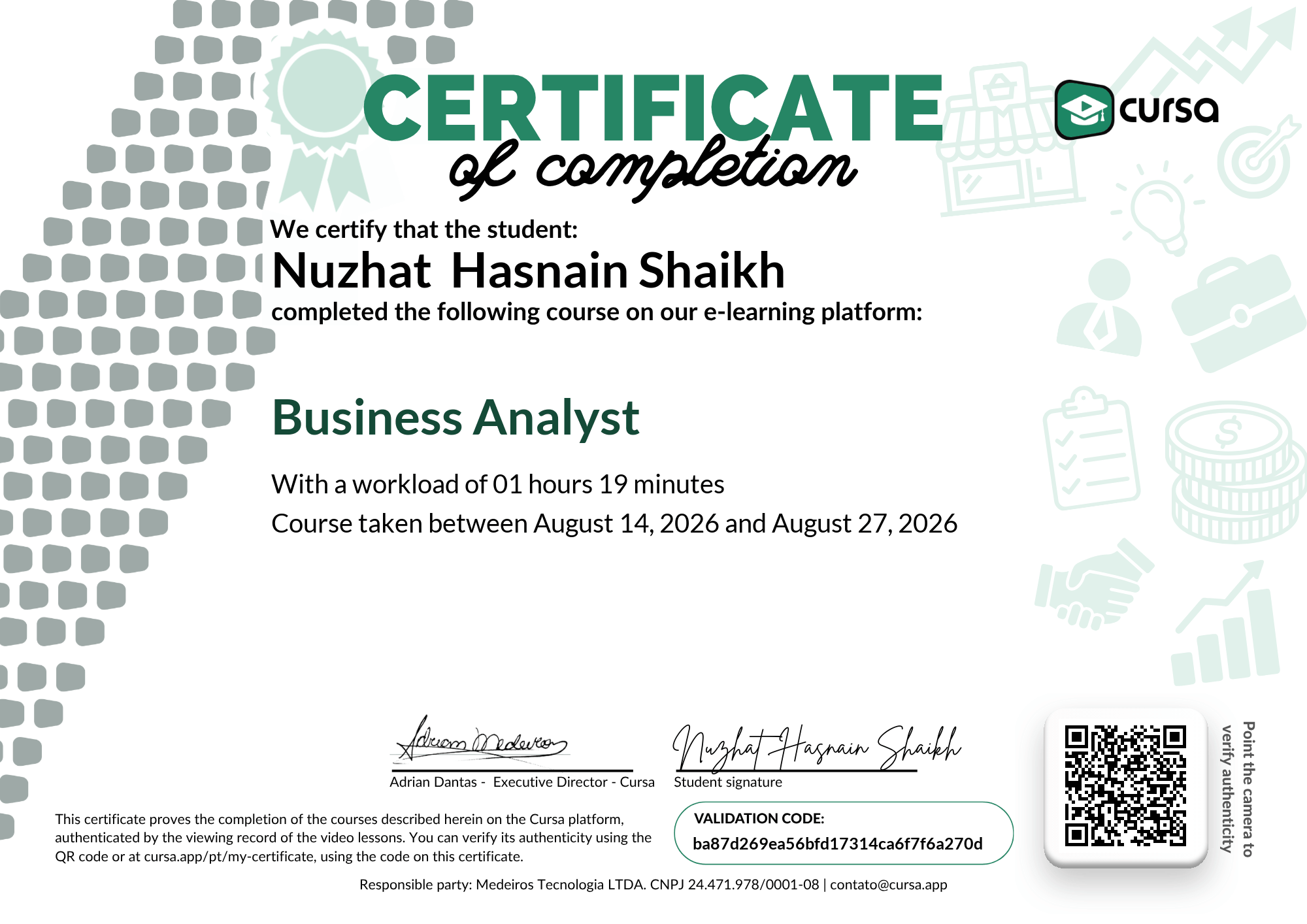 Image of my free Course Completion Certificate.