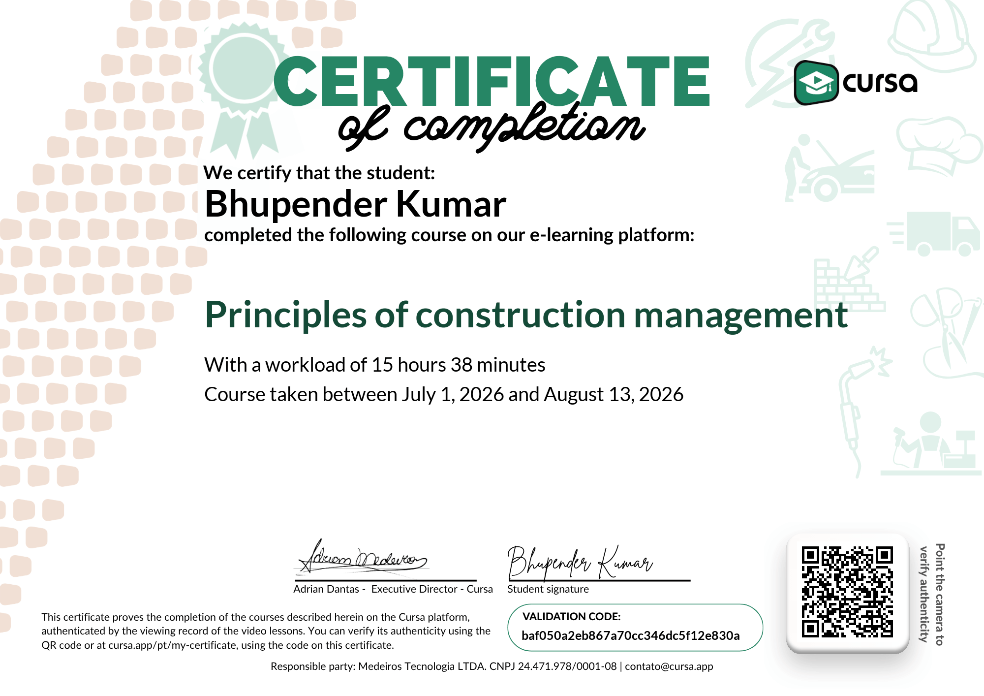 Image of my free Course Completion Certificate.
