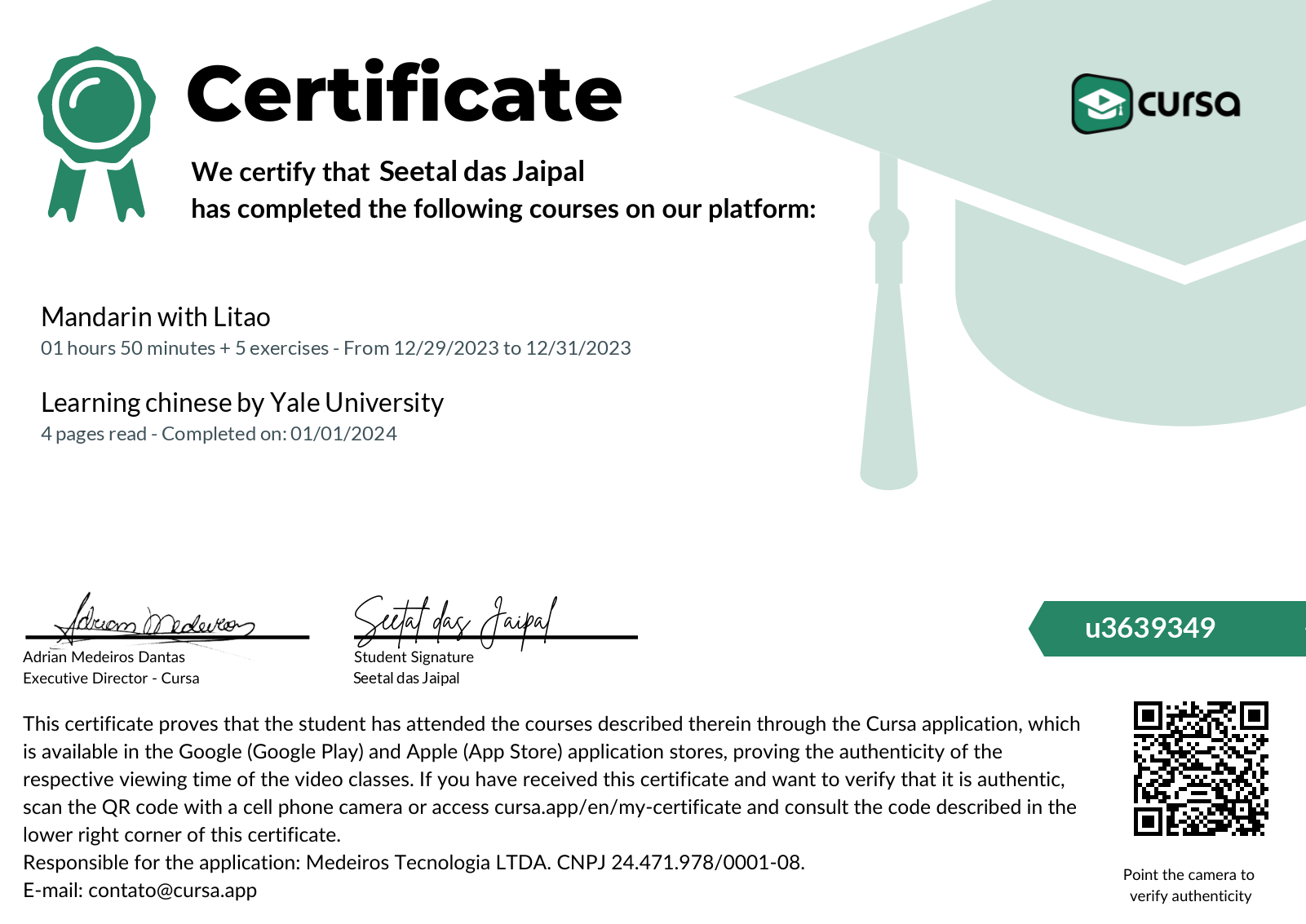 Image of my free Course Completion Certificate.