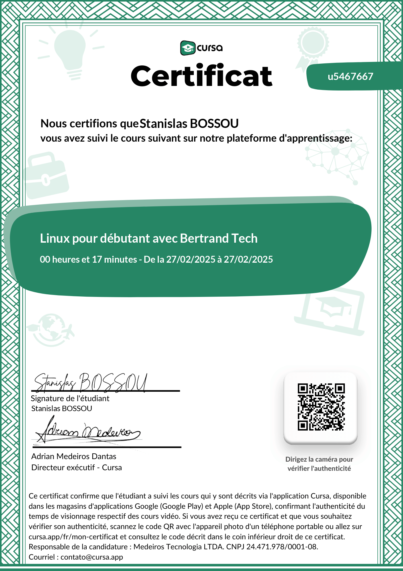 Image de mon certificat de fin de cours gratuit.