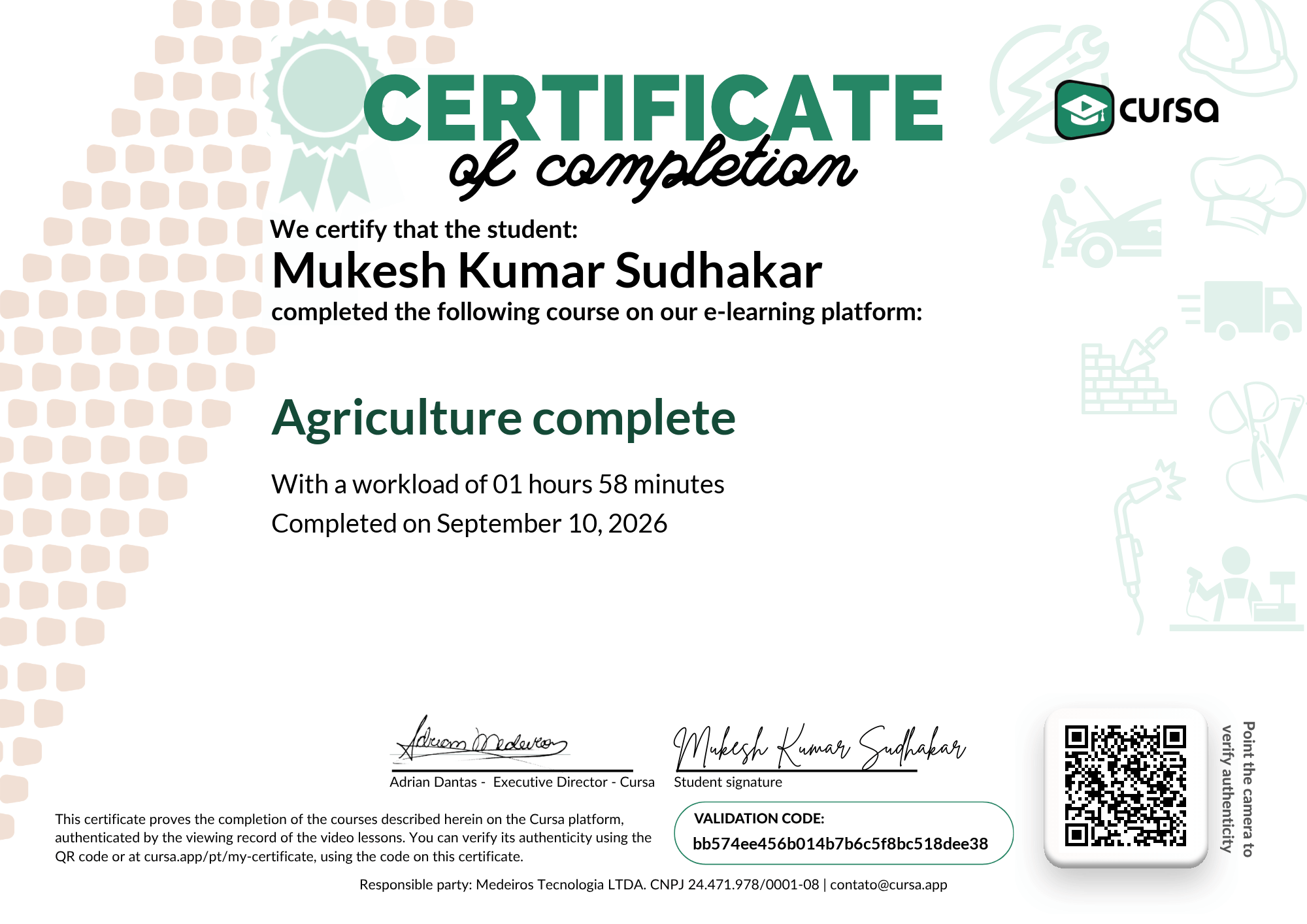 Image of my free Course Completion Certificate.