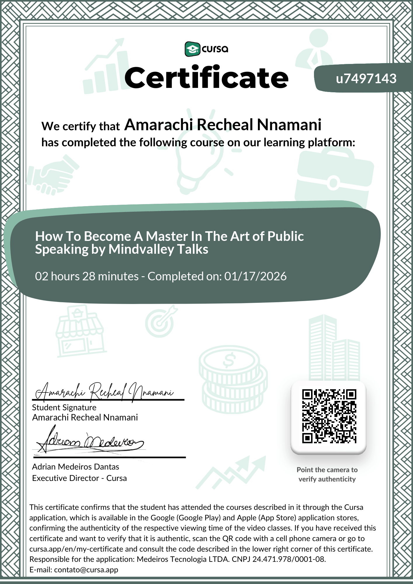 Image of my free Course Completion Certificate.