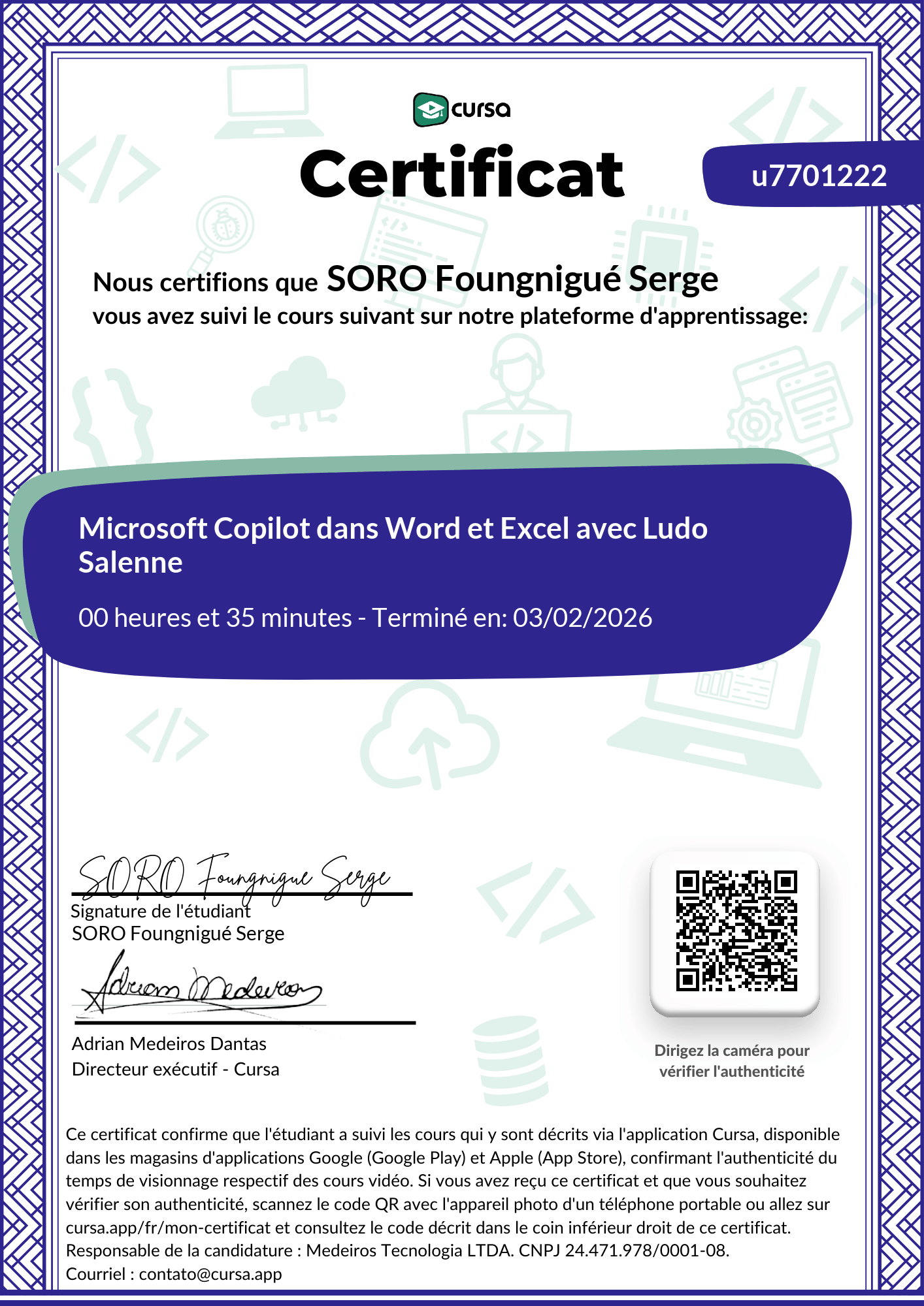 Image de mon certificat de fin de cours gratuit.