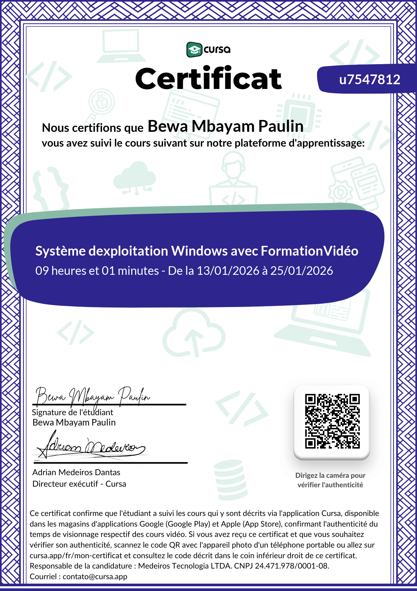 Image de mon certificat de fin de cours gratuit.