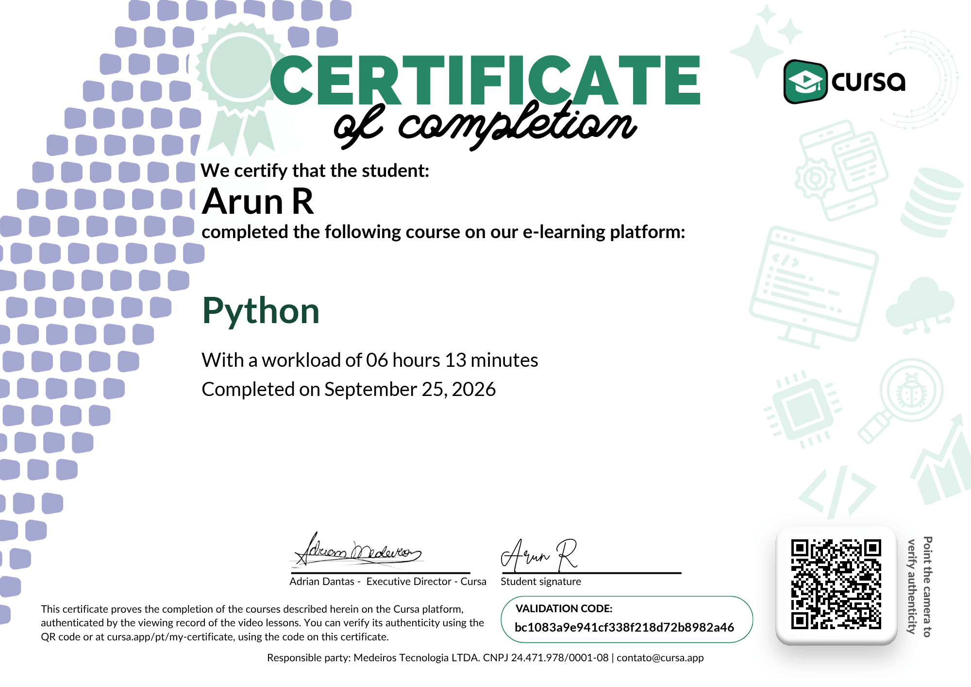 Image of my free Course Completion Certificate.
