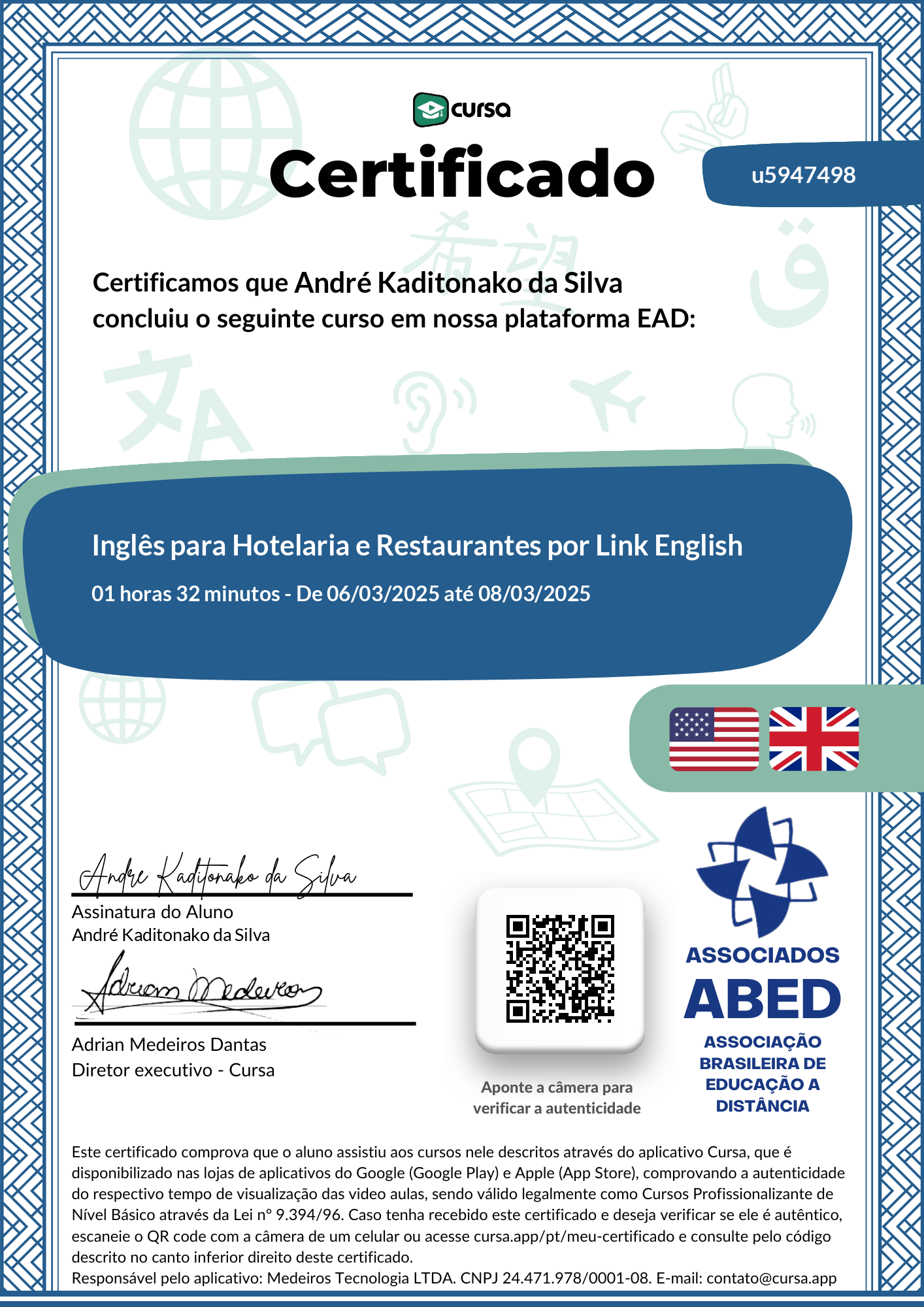 Imagem do meu Certificado gratuito de conclusão de curso.