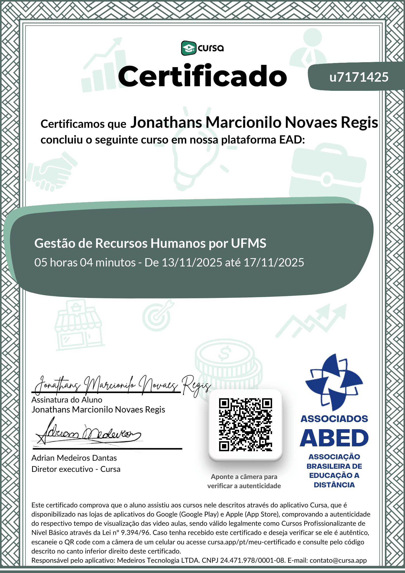 Imagem do meu Certificado gratuito de conclusão de curso.