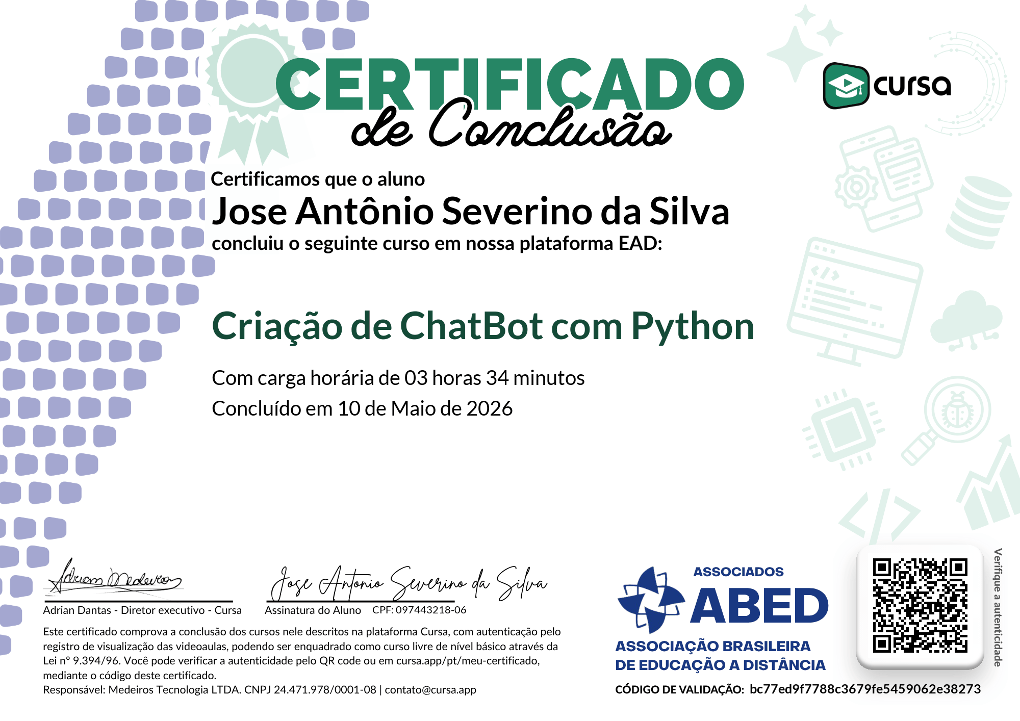 Imagem do meu Certificado gratuito de conclusão de curso.