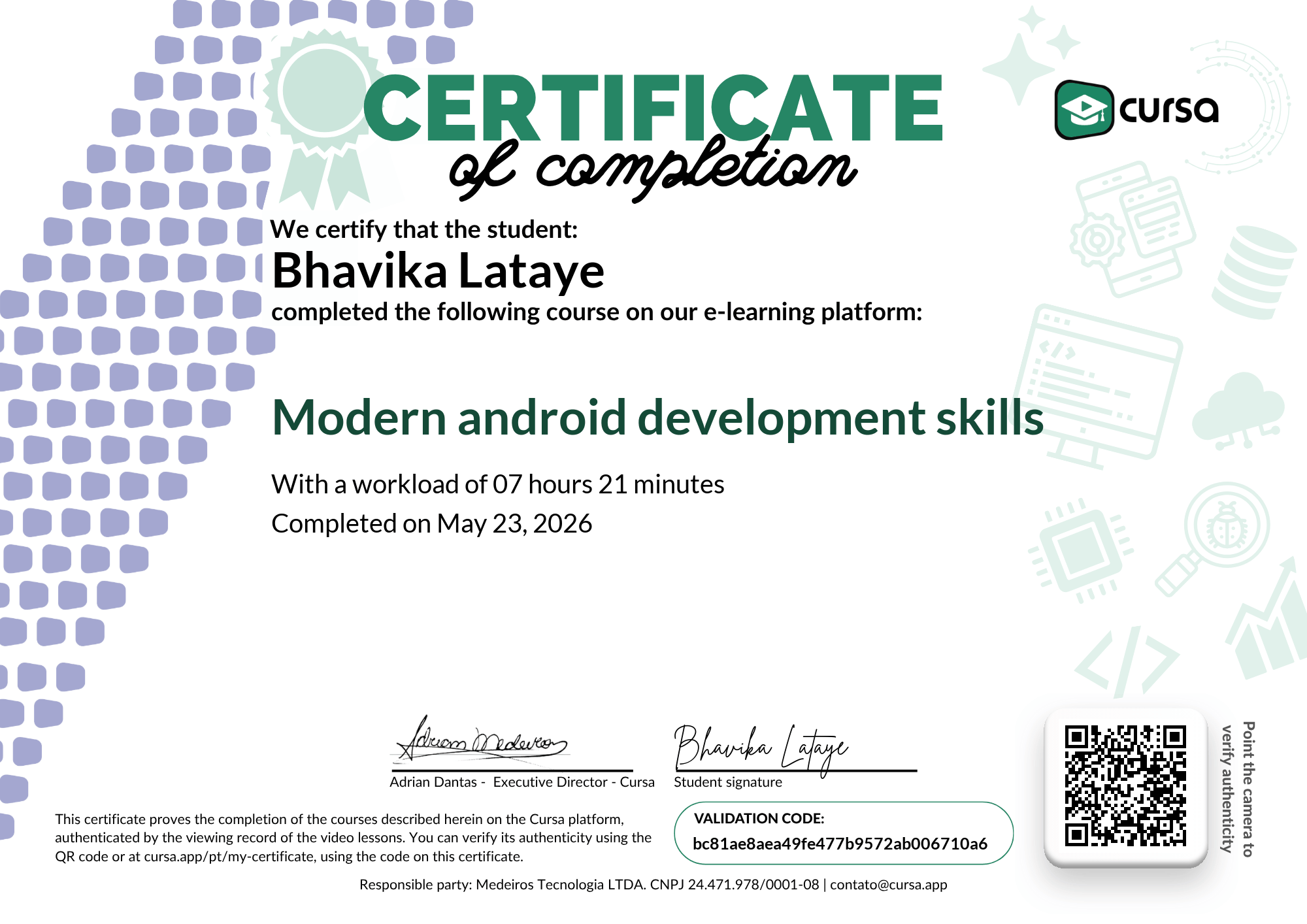 Image of my free Course Completion Certificate.