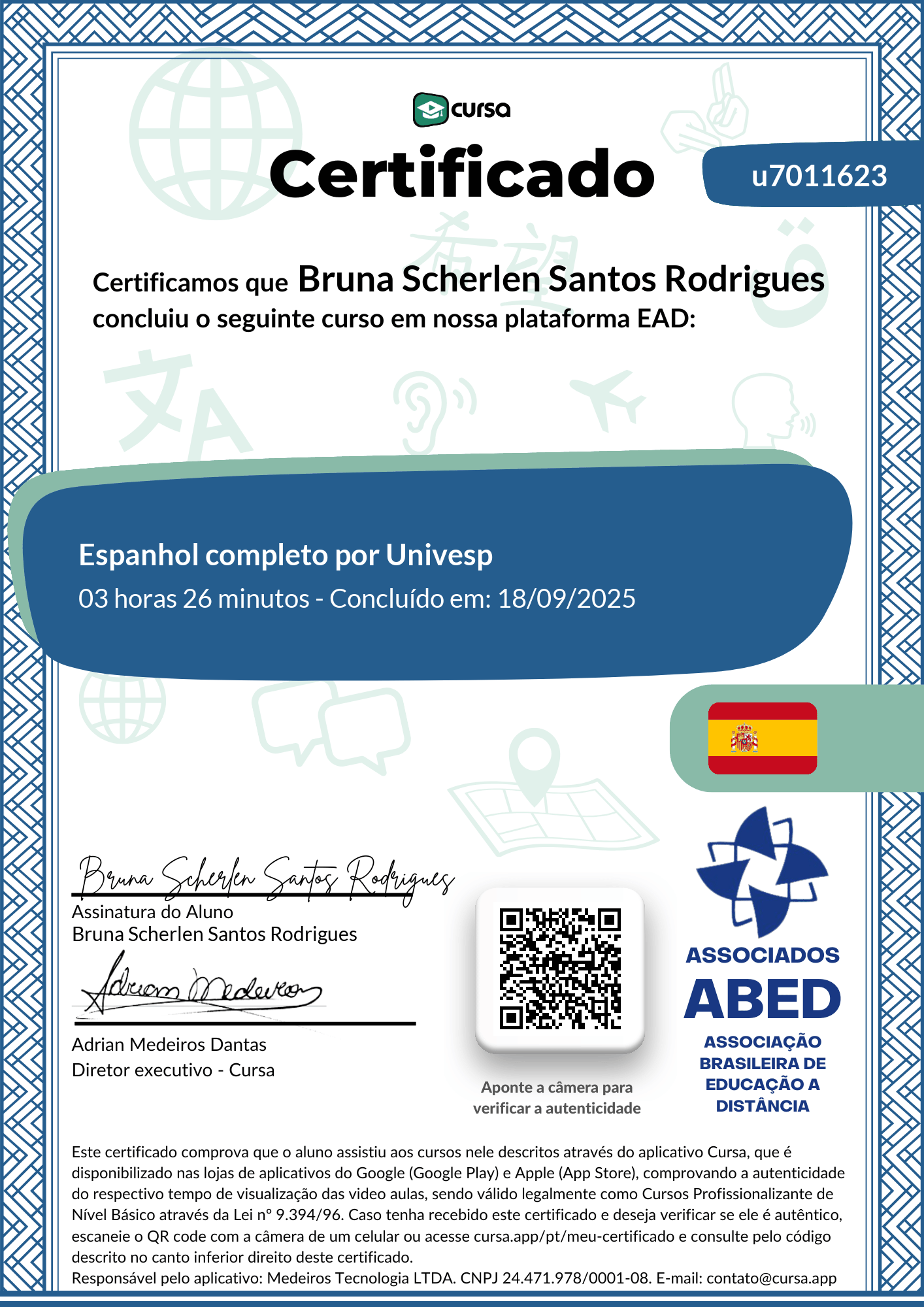 Imagem do meu Certificado gratuito de conclusão de curso.