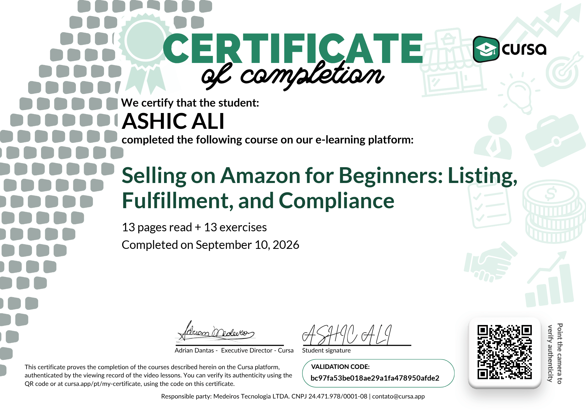 Image of my free Course Completion Certificate.