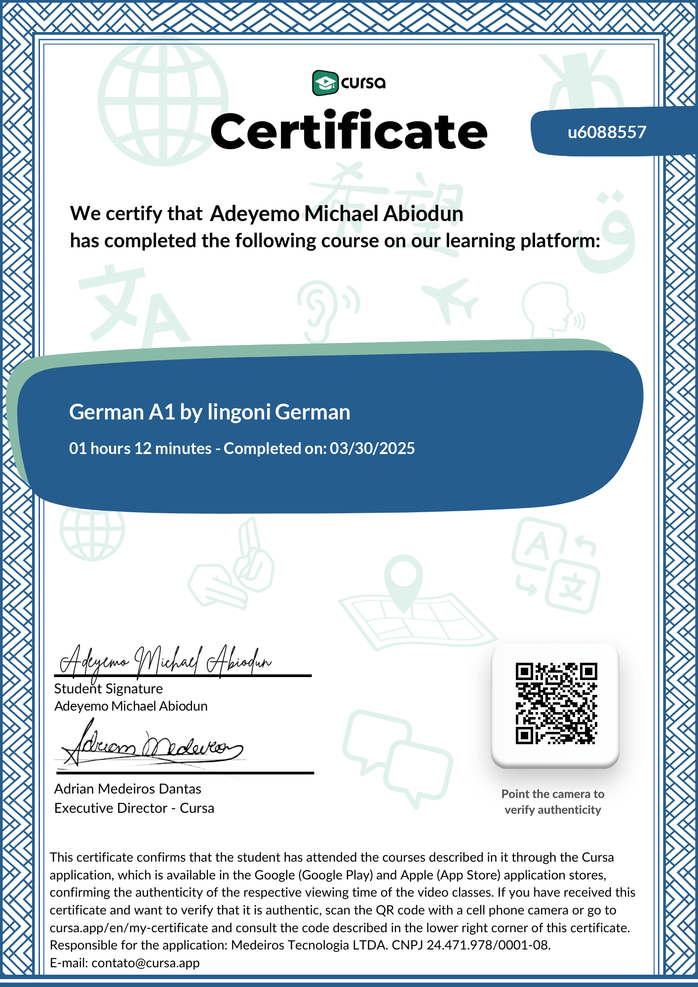 Image of my free Course Completion Certificate.