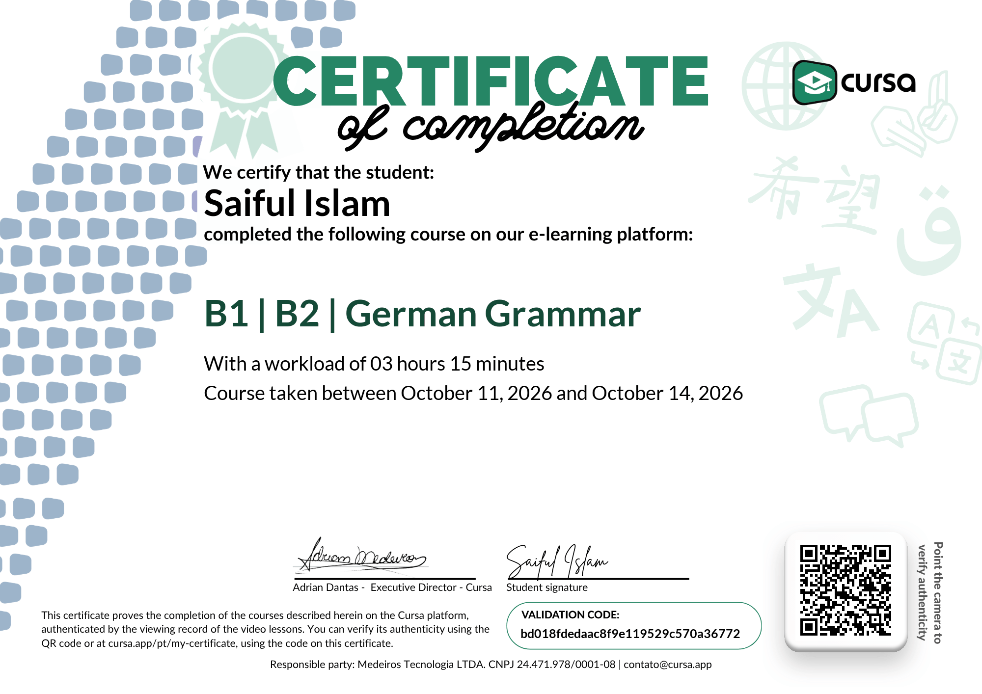 Image of my free Course Completion Certificate.