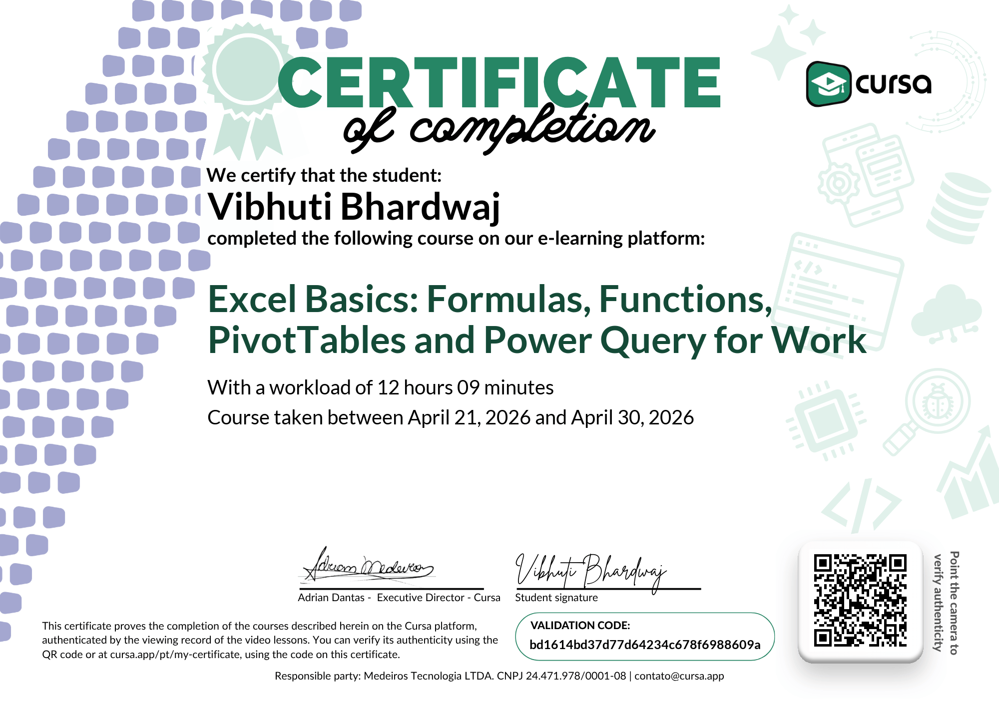 Image of my free Course Completion Certificate.