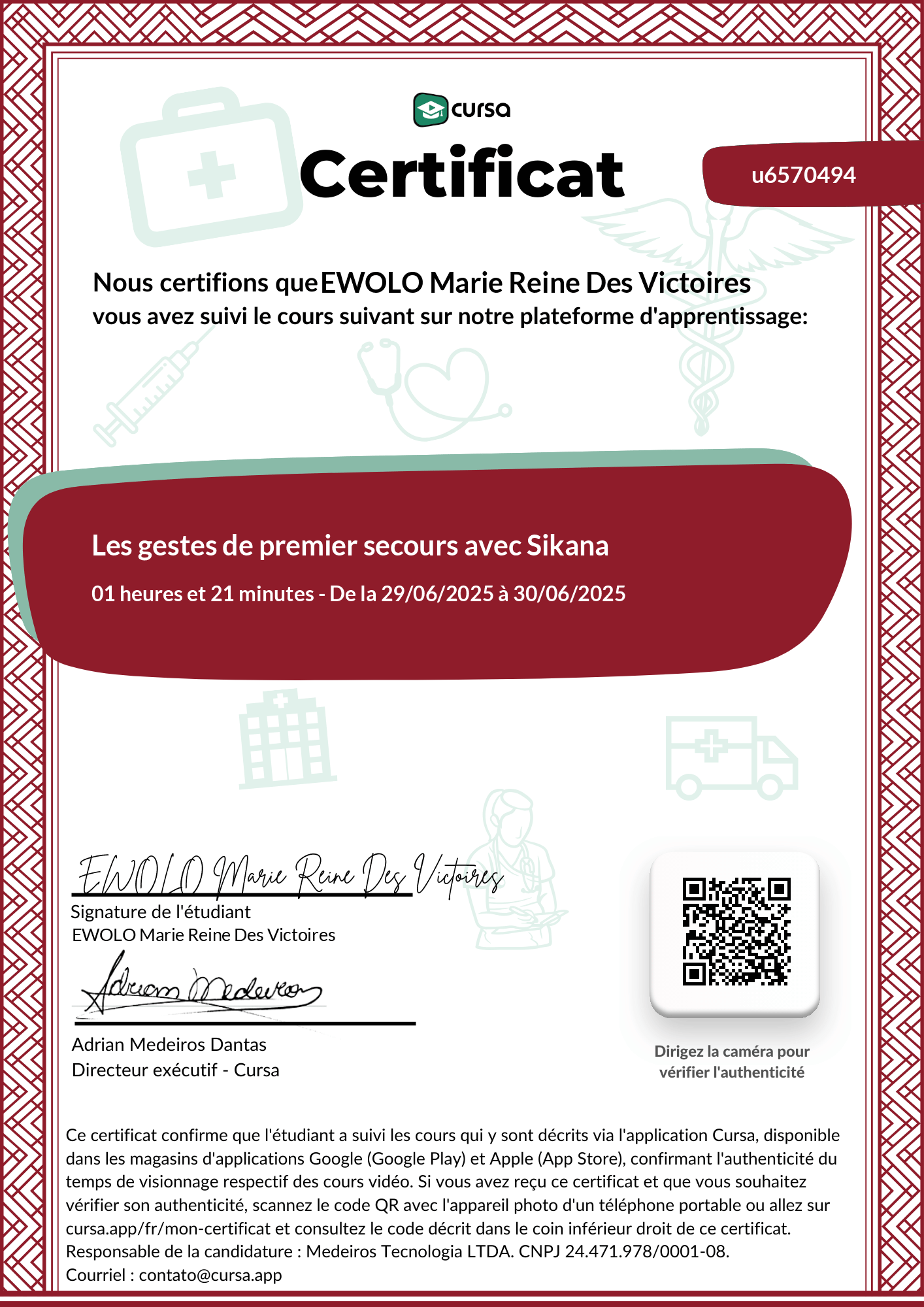 Image de mon certificat de fin de cours gratuit.