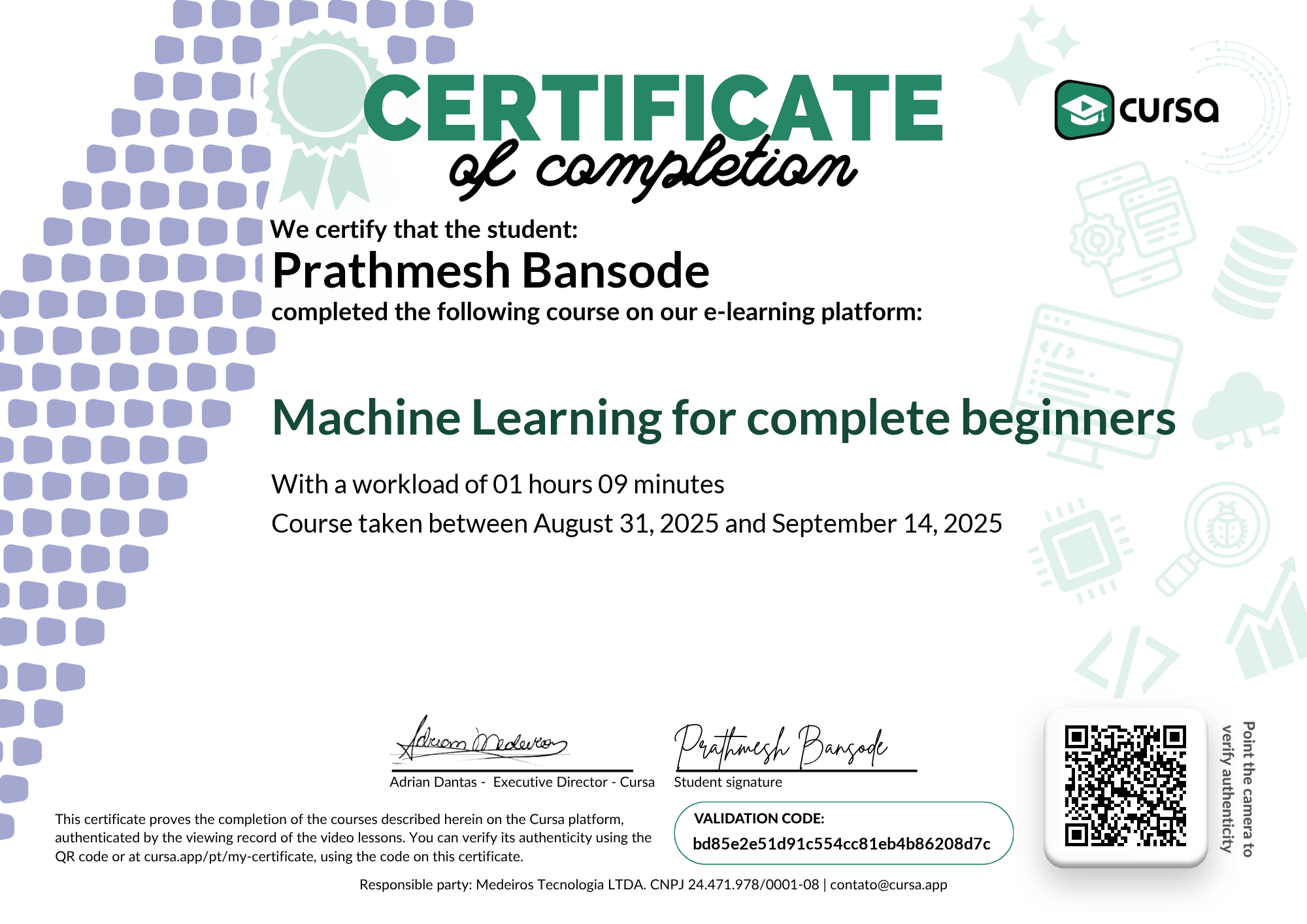 Image of my free Course Completion Certificate.