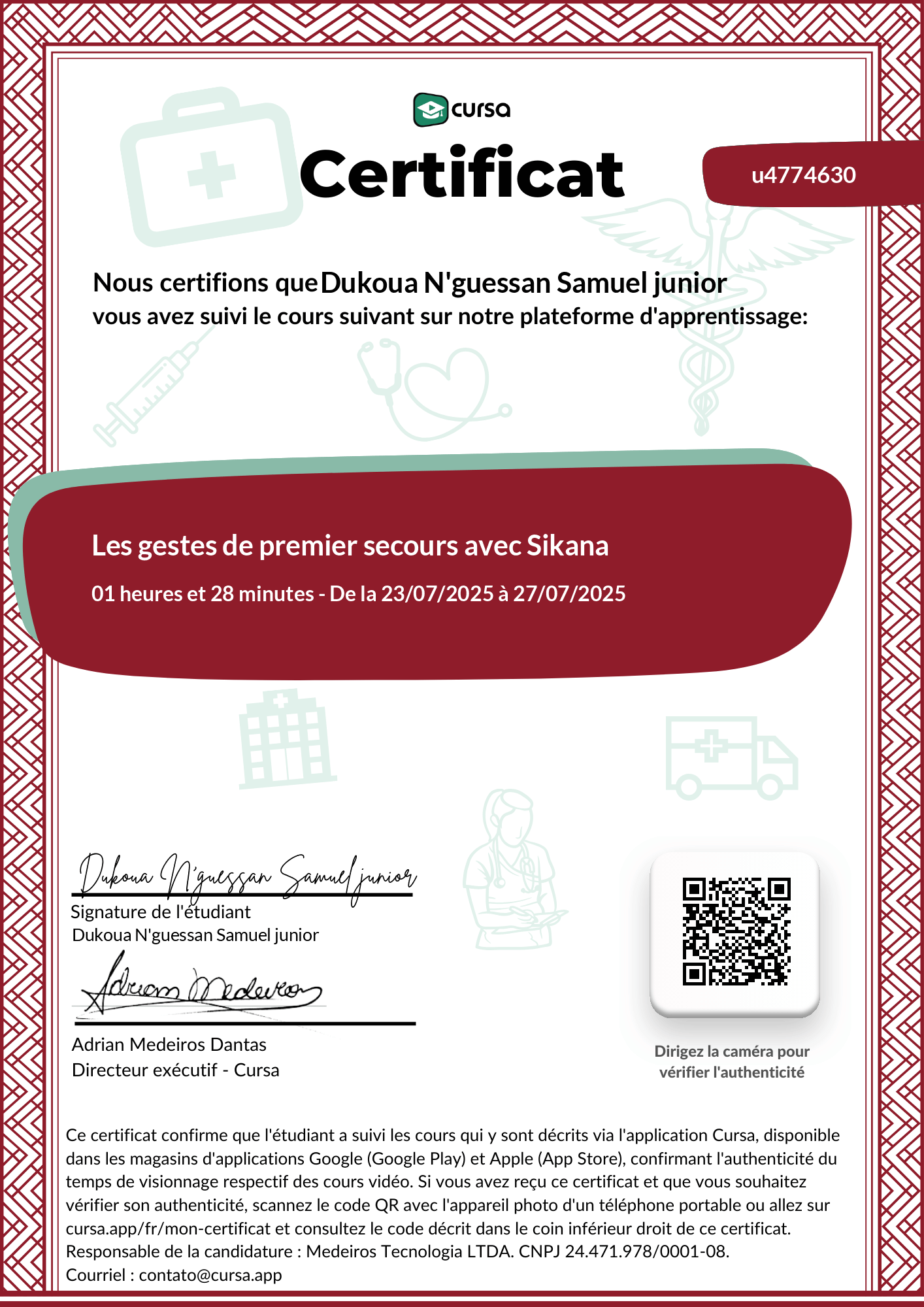 Image de mon certificat de fin de cours gratuit.