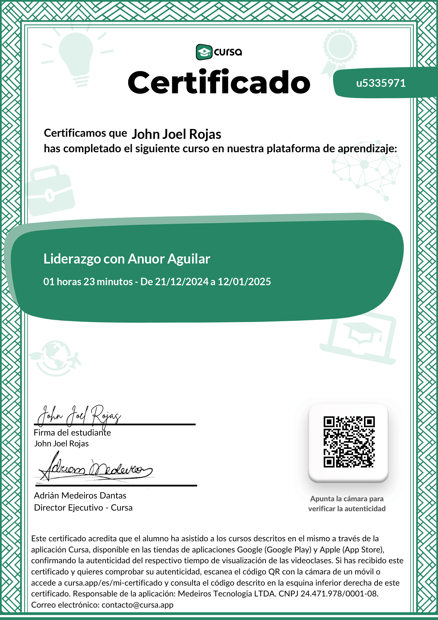 Imagen de mi Certificado de finalización del curso gratuito.