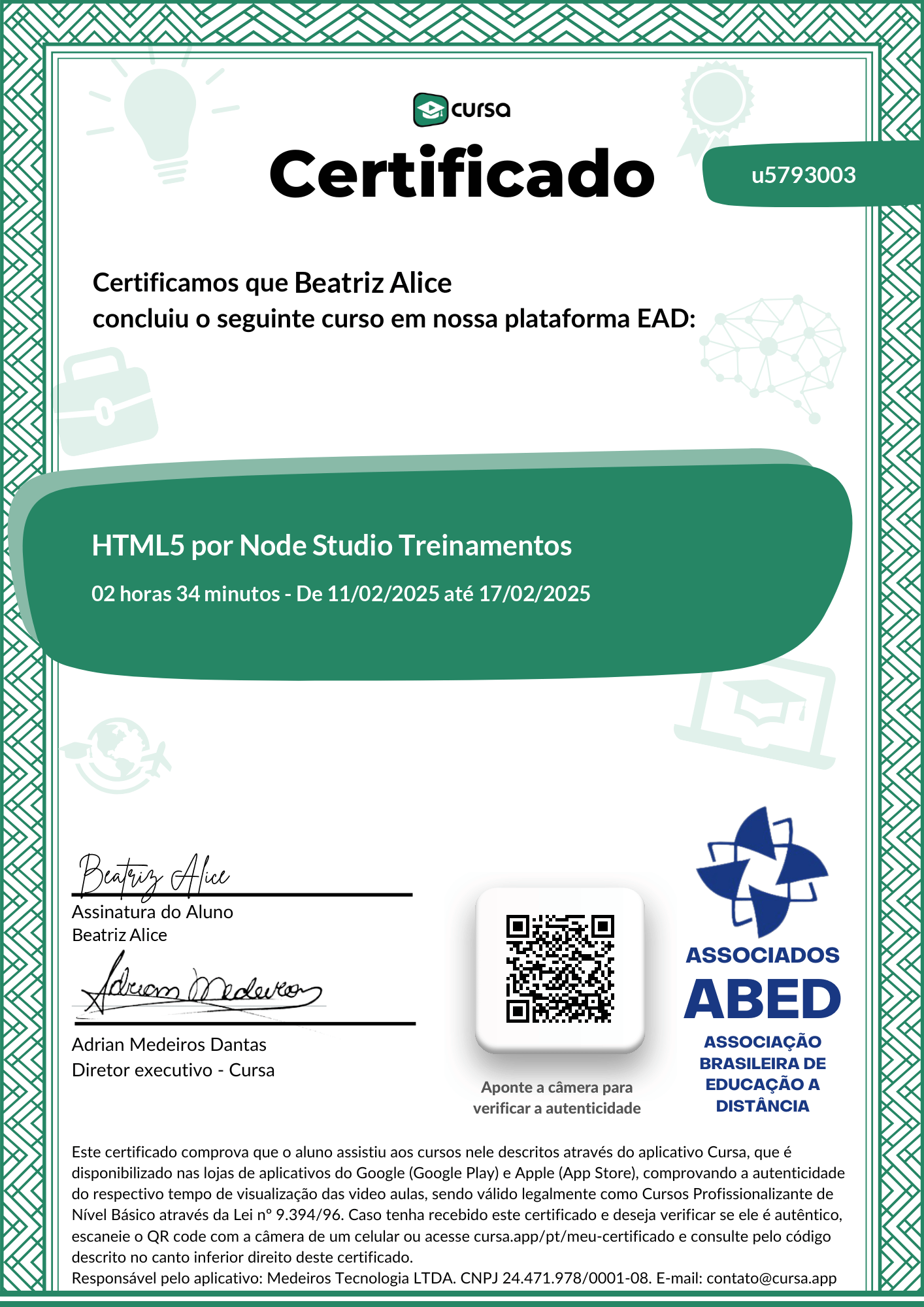 Imagem do meu Certificado gratuito de conclusão de curso.