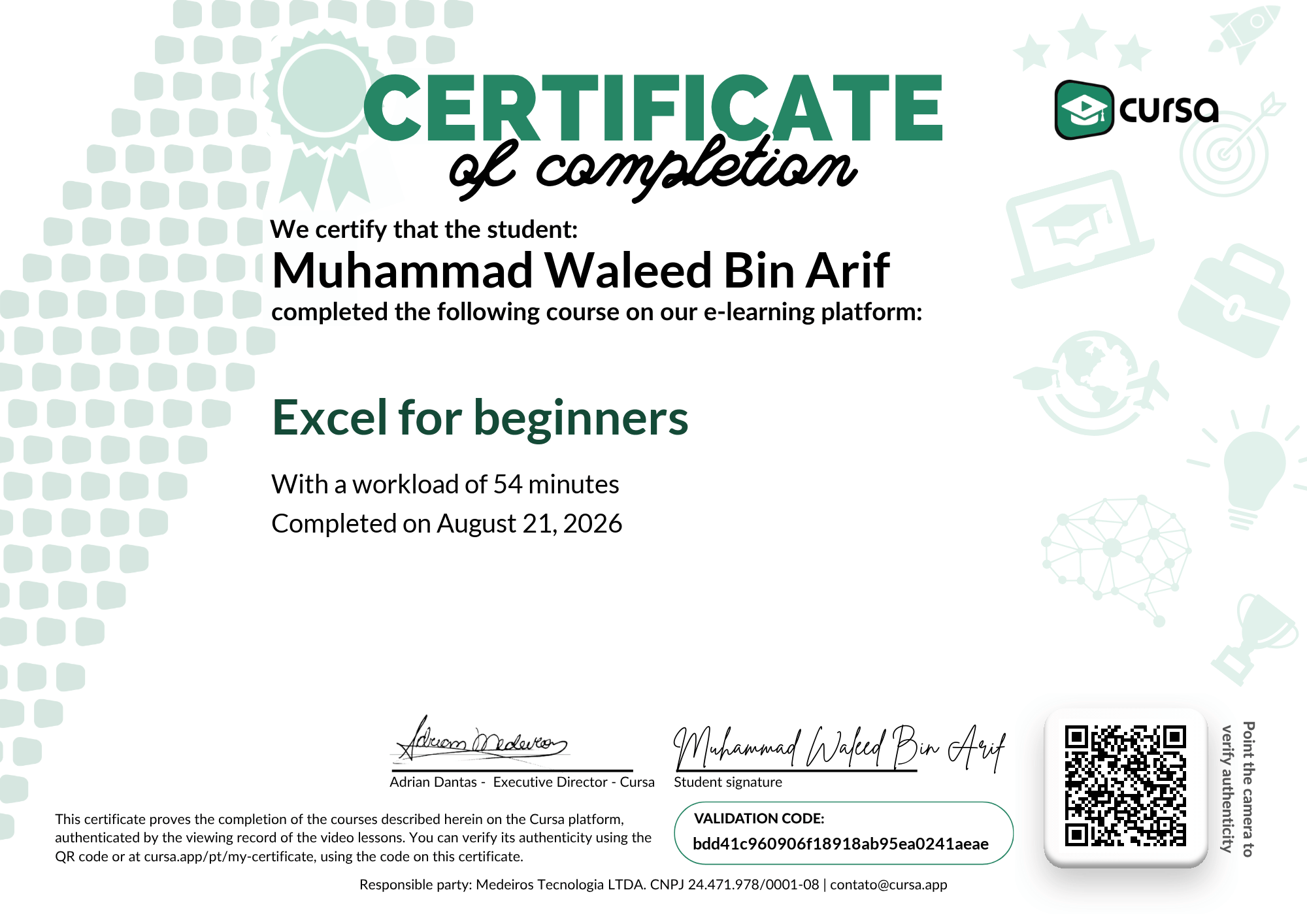 Image of my free Course Completion Certificate.