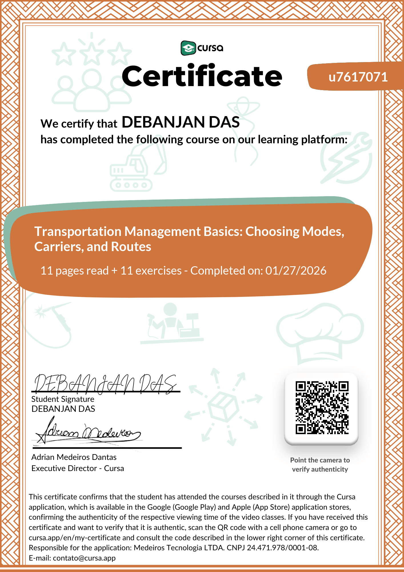 Image of my free Course Completion Certificate.